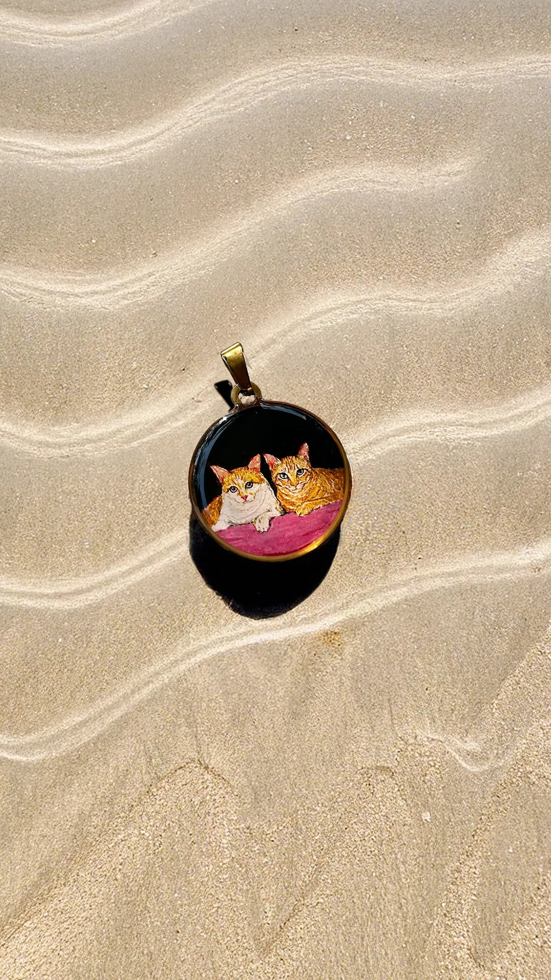 custom cat memorial pendant, tiny painted portrait in round 18k gold plated pendant on chain