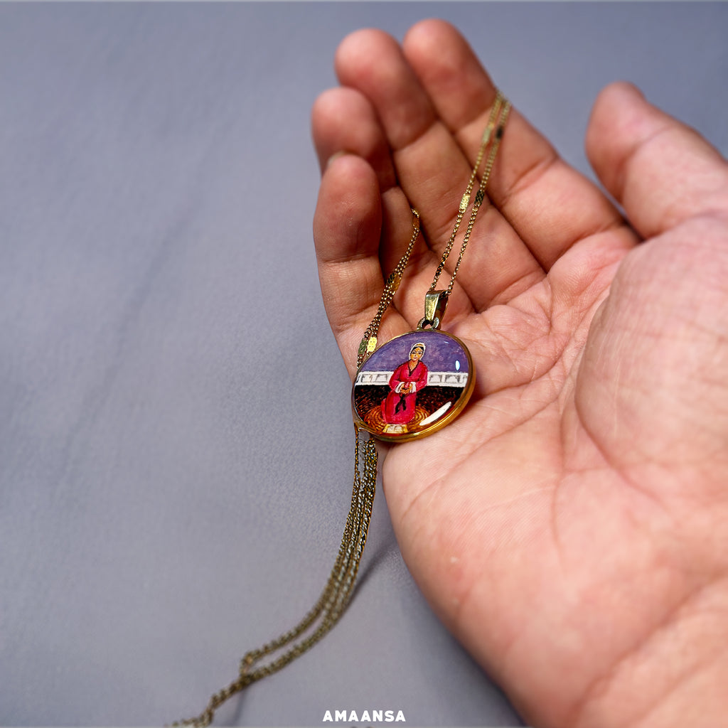 Handpainted miniature locket Shri Rupa Bhawani full-color portrait 18k gold PVD pendant devotional jewelry maternal goddess coin religious necklace divine protection heirloom keepsake