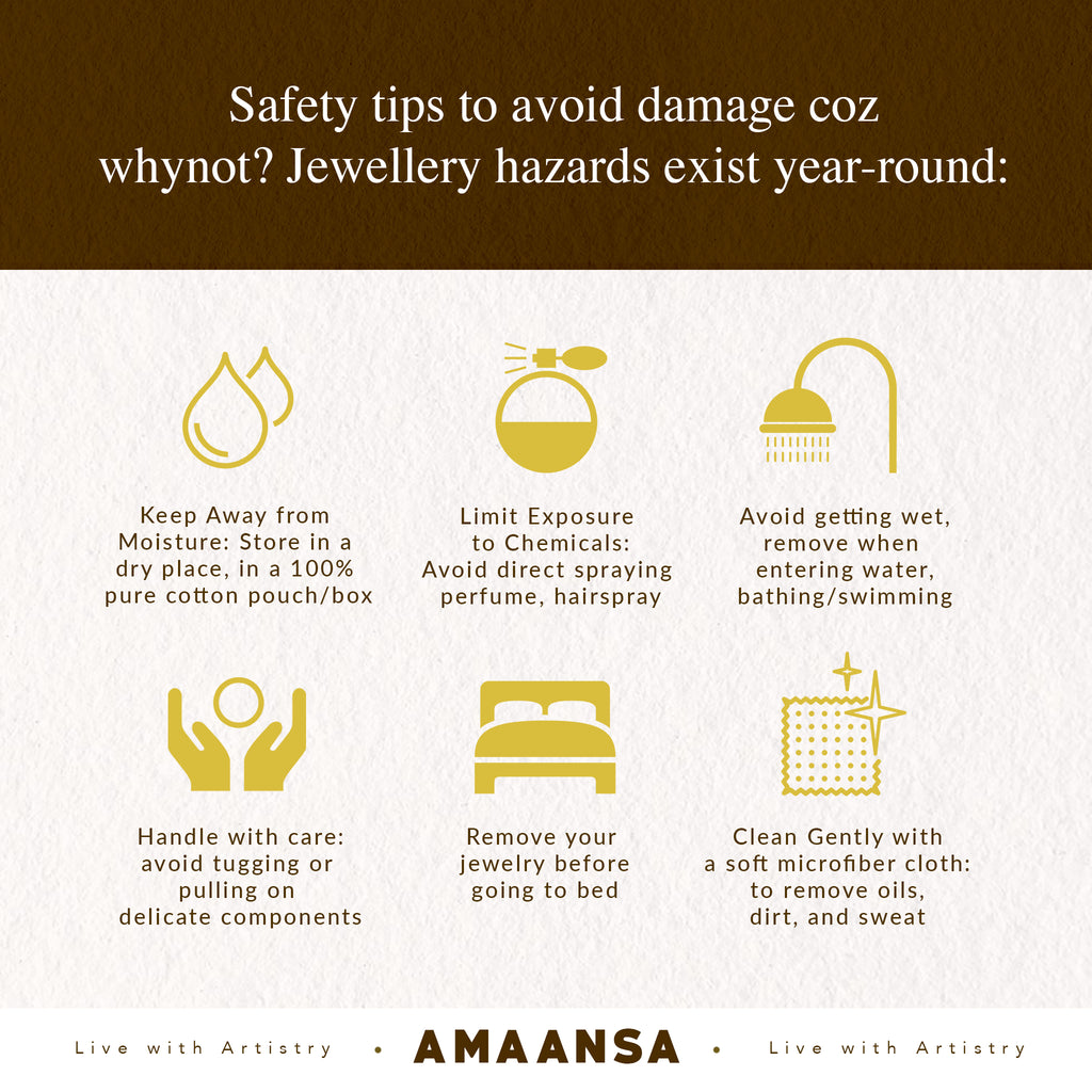 AMAANSA Fine Arts Studio jewelry care guide - Six essential tips displayed with gold icons on white texture: moisture protection using cotton storage, chemical exposure limits, water safety precautions, proper handling techniques, overnight removal recommendations, and gentle cleaning with microfiber cloth. Each safety tip features clear icon and detailed instruction for preserving your handcrafted portrait jewelry's longevity and beauty across all collections