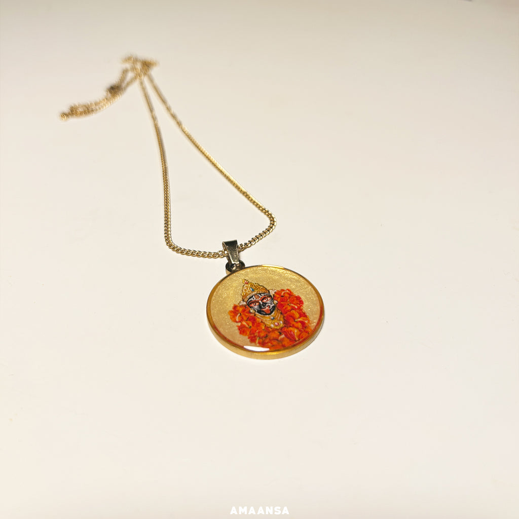 Handpainted Kali Ma avatar pendant miniature semicolor art 18k gold PVD gold-tone background red hibiscus garland spiritual locket goddess of power religious jewelry fierce protector worship necklace collectible