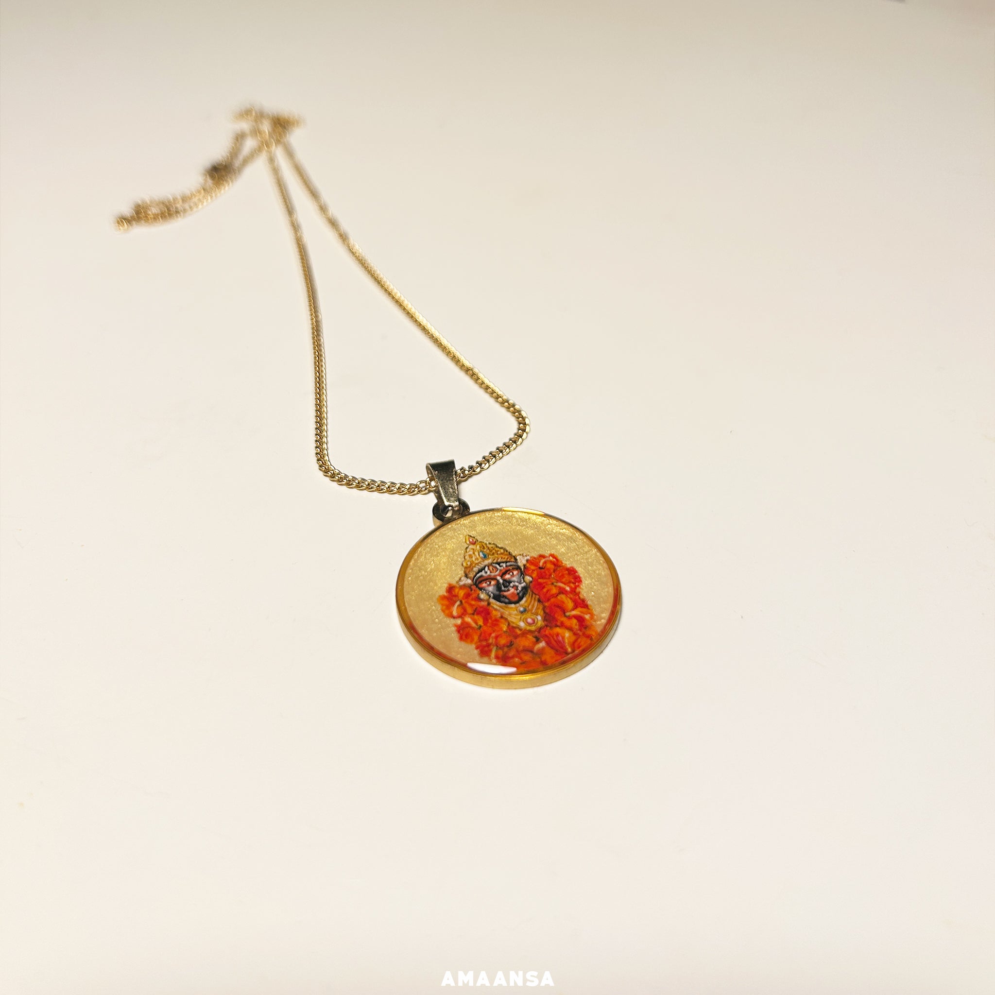 Handpainted Kali Ma avatar pendant miniature semicolor art 18k gold PVD gold-tone background red hibiscus garland spiritual locket goddess of power religious jewelry fierce protector worship necklace collectible