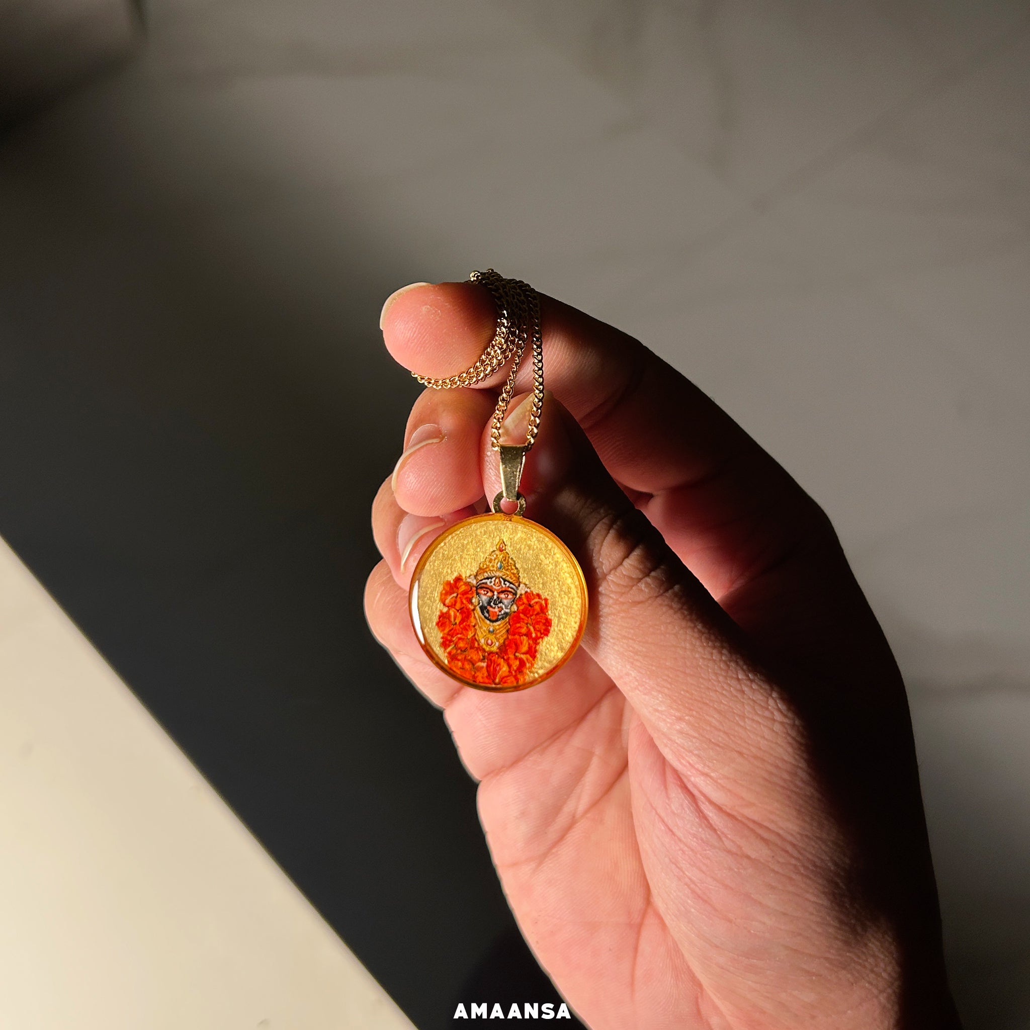 Custom 18k gold PVD locket handpainted Maa Kali semicolor miniature art gold background adorned in red hibiscus flowers divine mother devotional goddess pendant spiritual jewelry protection amulet religious keepsake