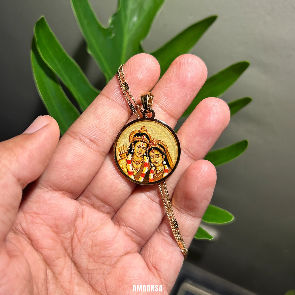 Ram Sita Hand-Painted Monochrome Pendant | Shree Ram Locket 18k Gold PVD plated