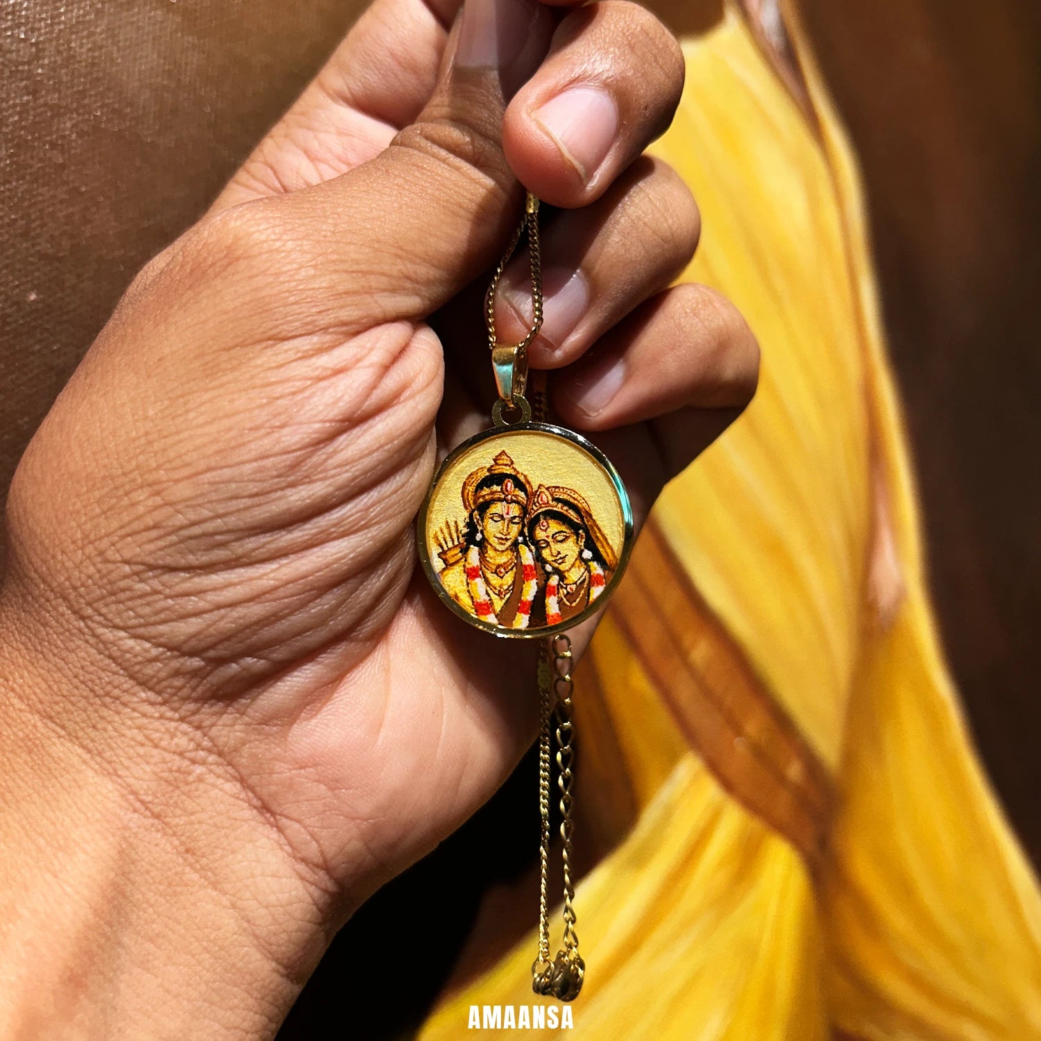 Ram Sita Hand-Painted Monochrome Pendant | Shree Ram Locket 18k Gold PVD plated