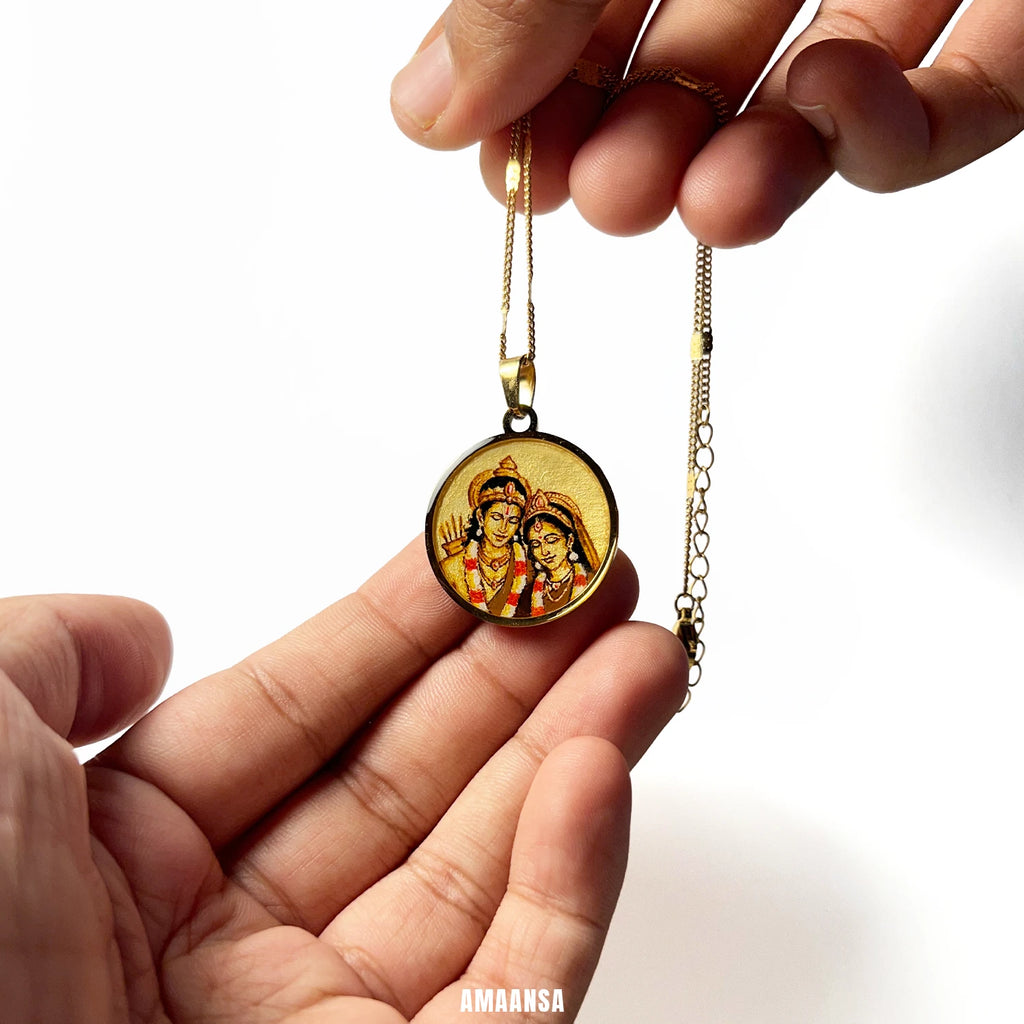 Ram Sita Hand-Painted Monochrome Pendant | Shree Ram Locket 18k Gold PVD plated
