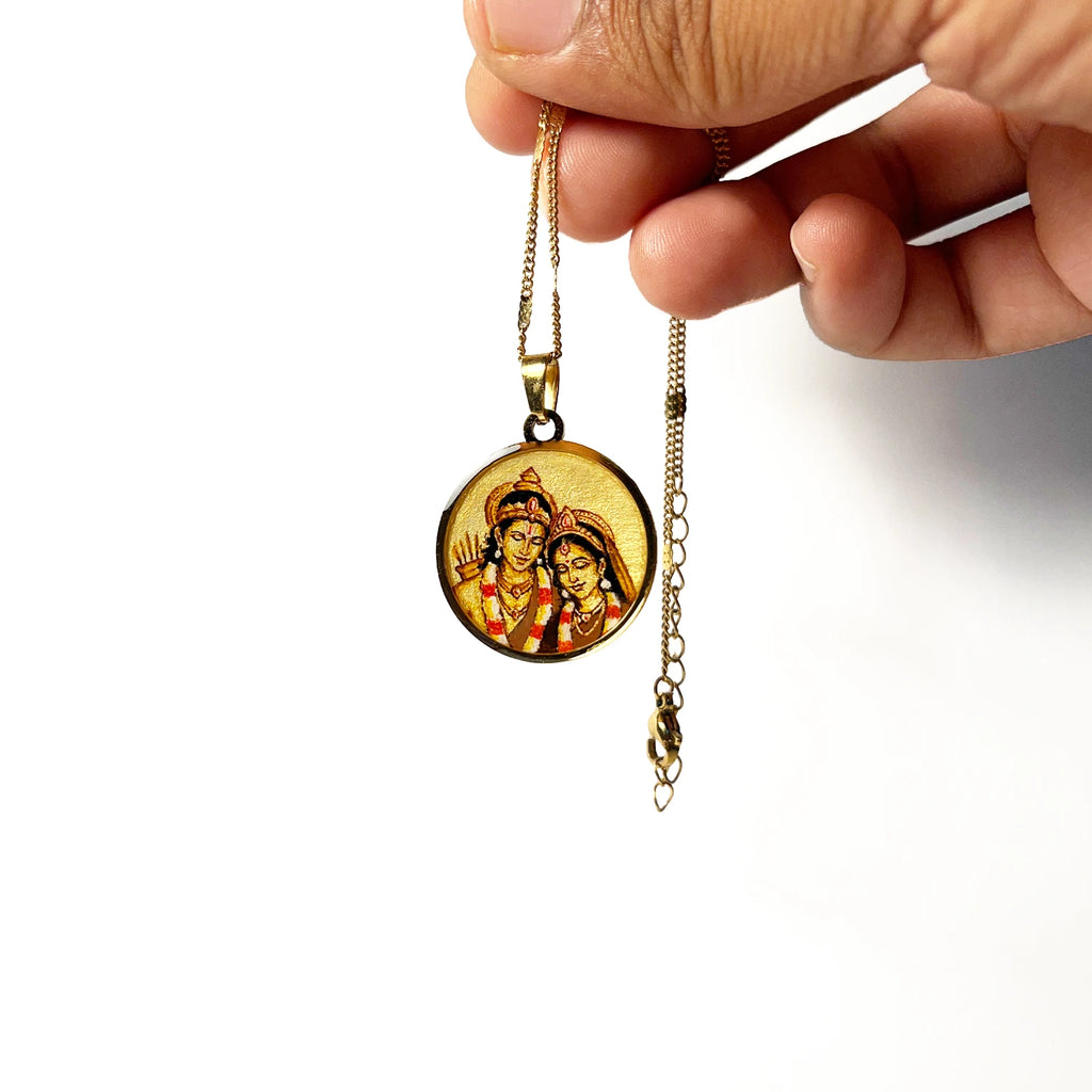 Ram Sita Hand-Painted Monochrome Pendant | Shree Ram Locket 18k Gold PVD plated