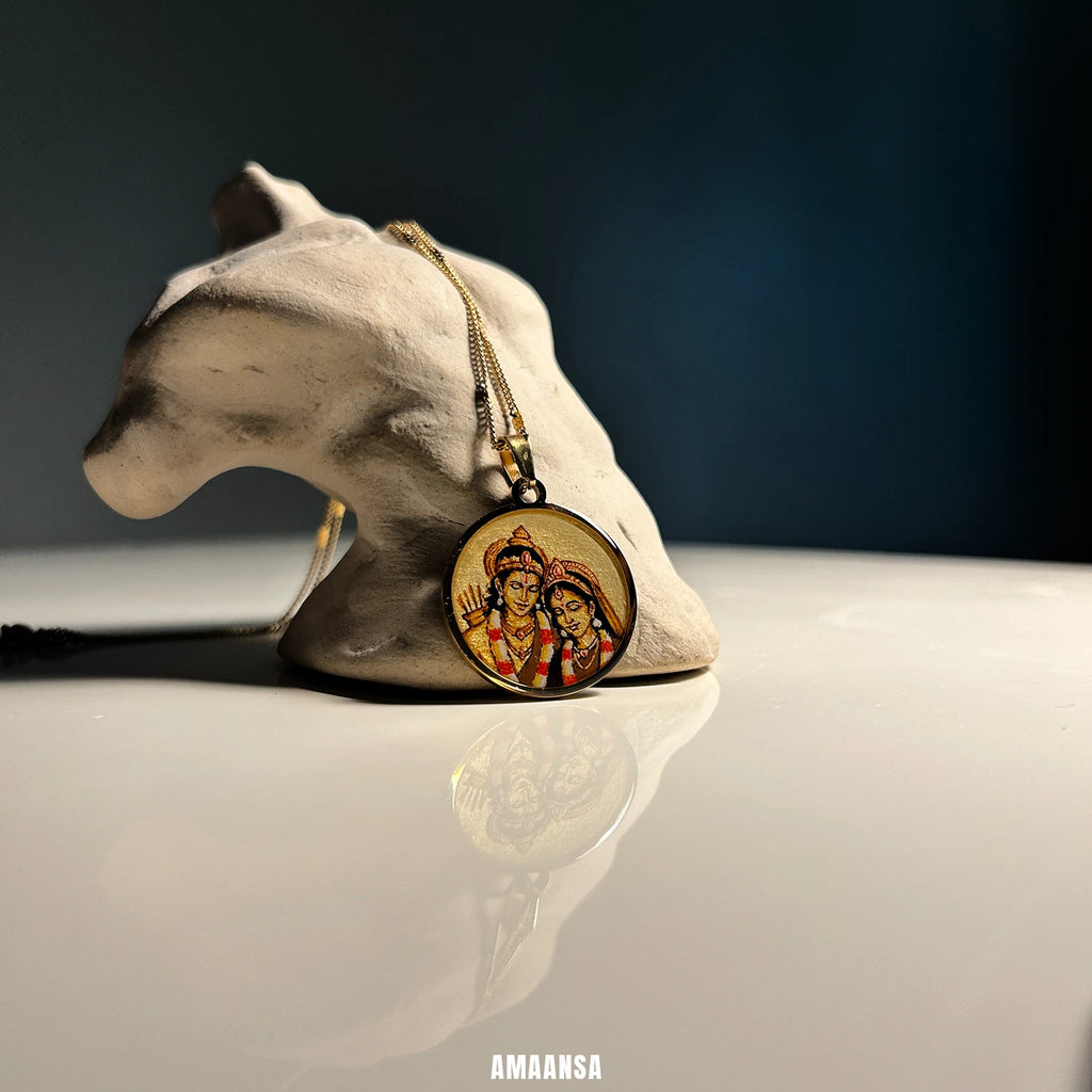 Ram Sita Hand-Painted Monochrome Pendant | Shree Ram Locket 18k Gold PVD plated