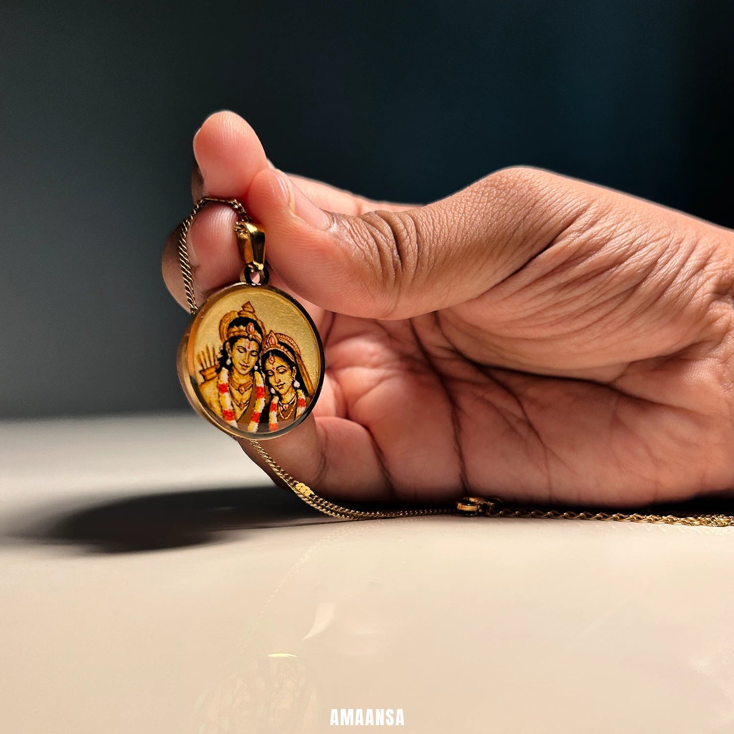Ram Sita Hand-Painted Monochrome Pendant | Shree Ram Locket 18k Gold PVD plated