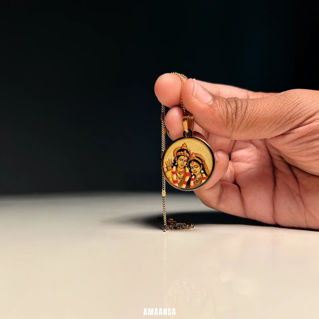 Ram Sita Hand-Painted Monochrome Pendant | Shree Ram Locket 18k Gold PVD plated