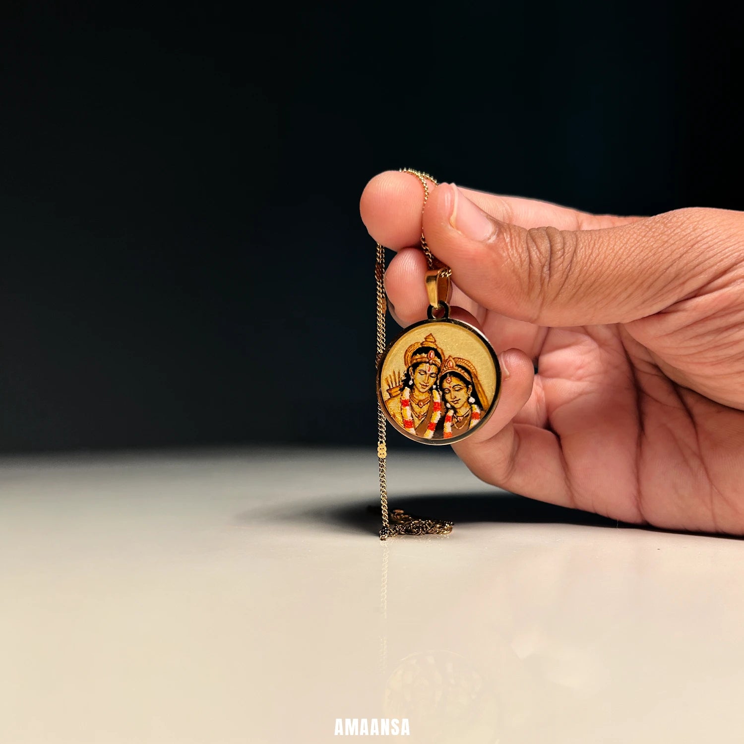 Ram Sita Hand-Painted Monochrome Pendant | Shree Ram Locket 18k Gold PVD plated