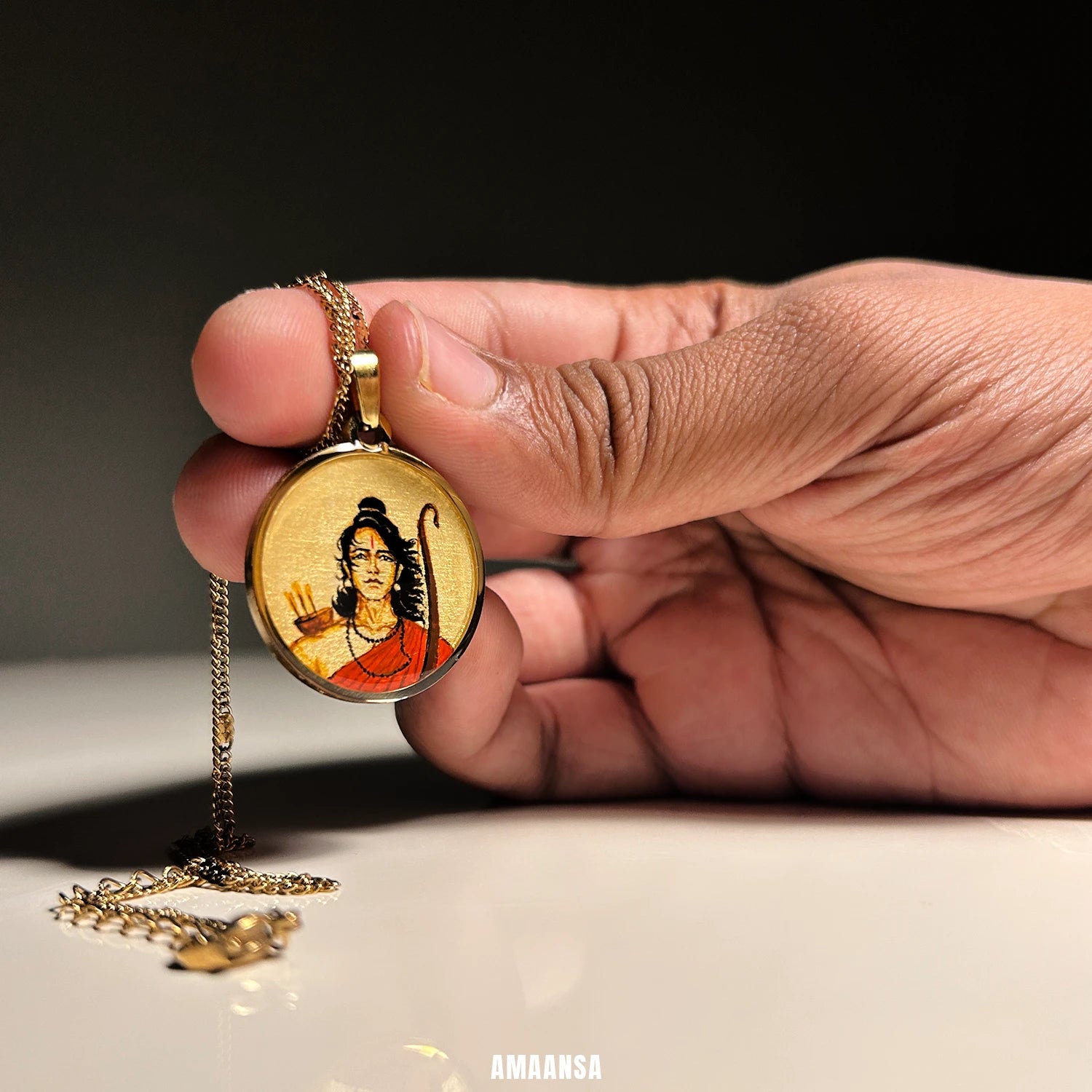Shree Ram Vanvas Hand-Painted Pendant Semi-Colour | 18k Gold PVD Ram Navami Heirloom