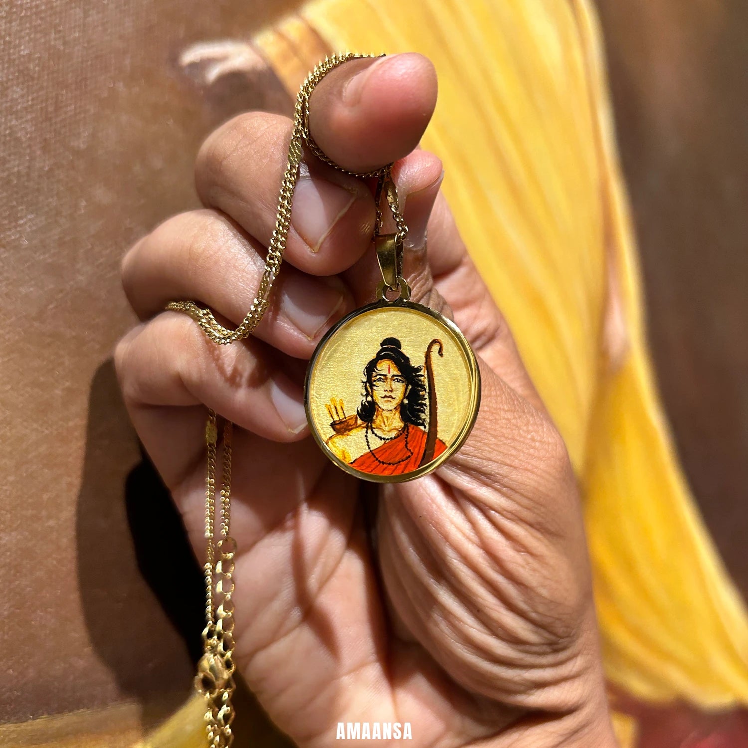 Shree Ram Vanvas Hand-Painted Pendant Semi-Colour | 18k Gold PVD Ram Navami Heirloom