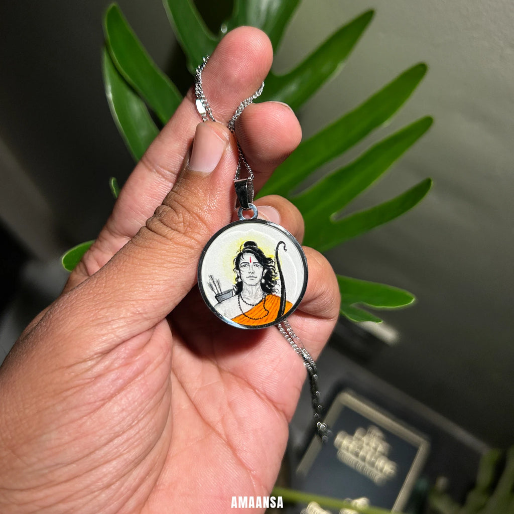 Shree Ram Vanvas Silver-Tone Hand-Painted Pendant | Semi-Colour Ram Navami Jewellery