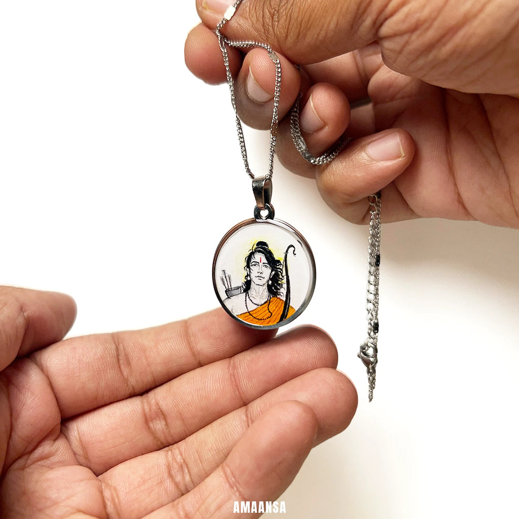 Shree Ram Vanvas Silver-Tone Hand-Painted Pendant | Semi-Colour Ram Navami Jewellery