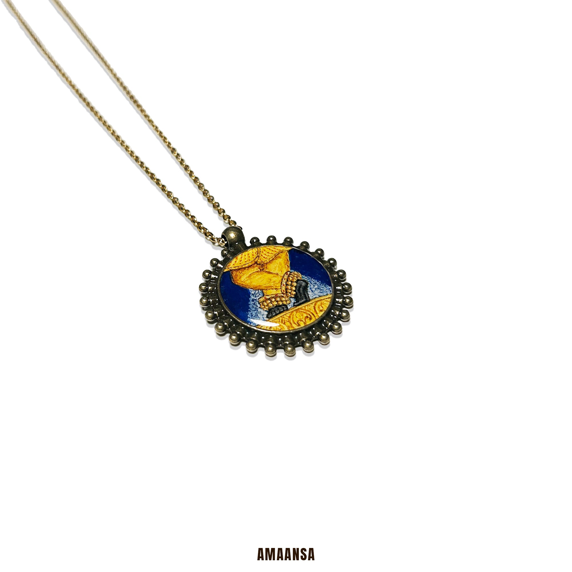 Vintage-style locket handpainted Sri Radharamanji Paduka full color miniature painting devotional locket antique patina chain spiritual jewelry god coin religious keepsake divine blessing collector art