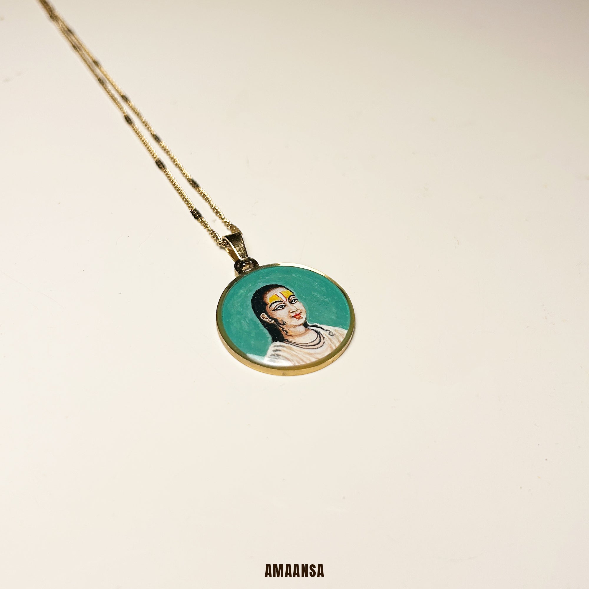 Swami Vallabhacharya Miniature Portrait Pendant- HandPainted , 18k Gold PVD , full coloured