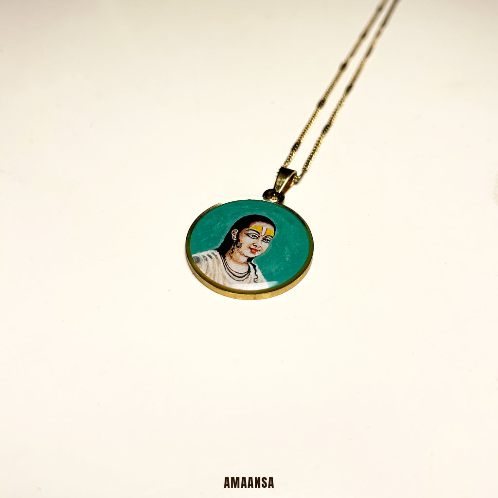 Swami Vallabhacharya Miniature Portrait Pendant- HandPainted , 18k Gold PVD , full coloured