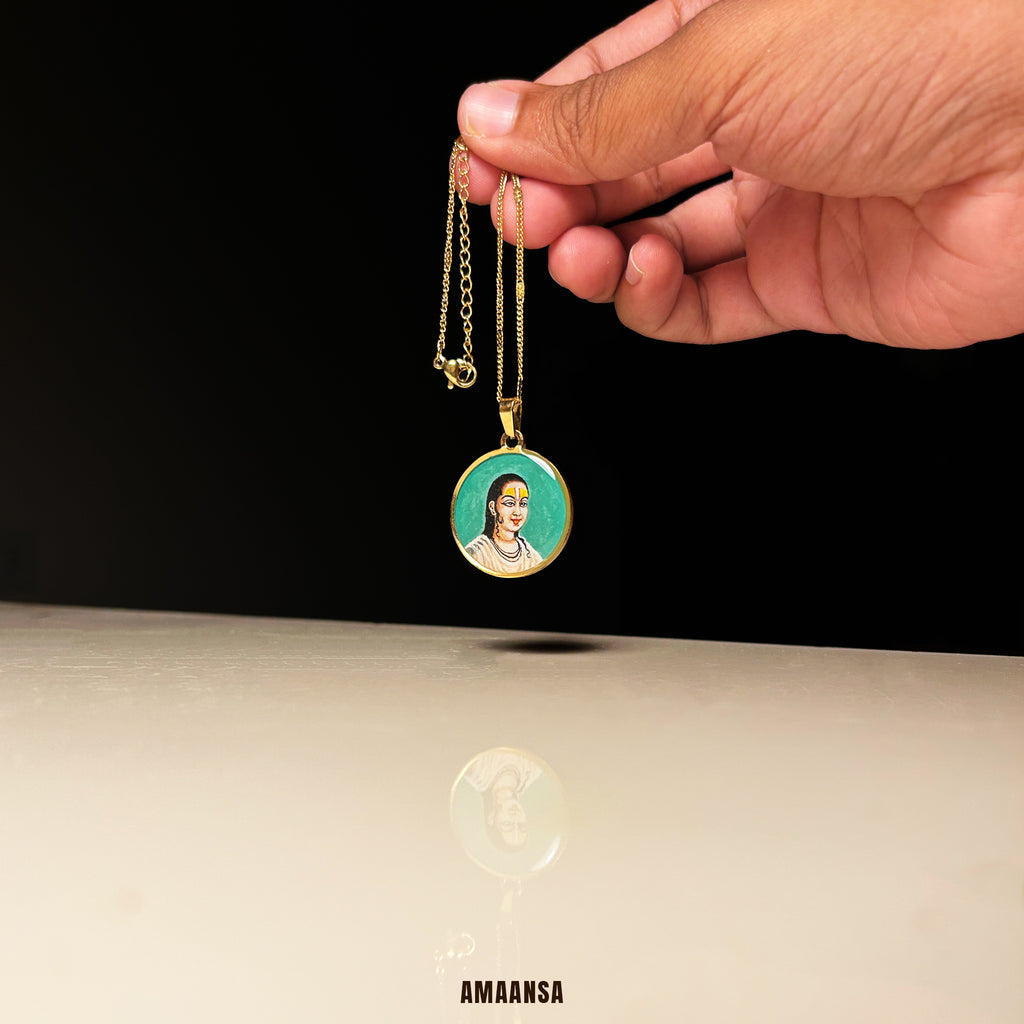 Swami Vallabhacharya Miniature Portrait Pendant- HandPainted , 18k Gold PVD , full coloured