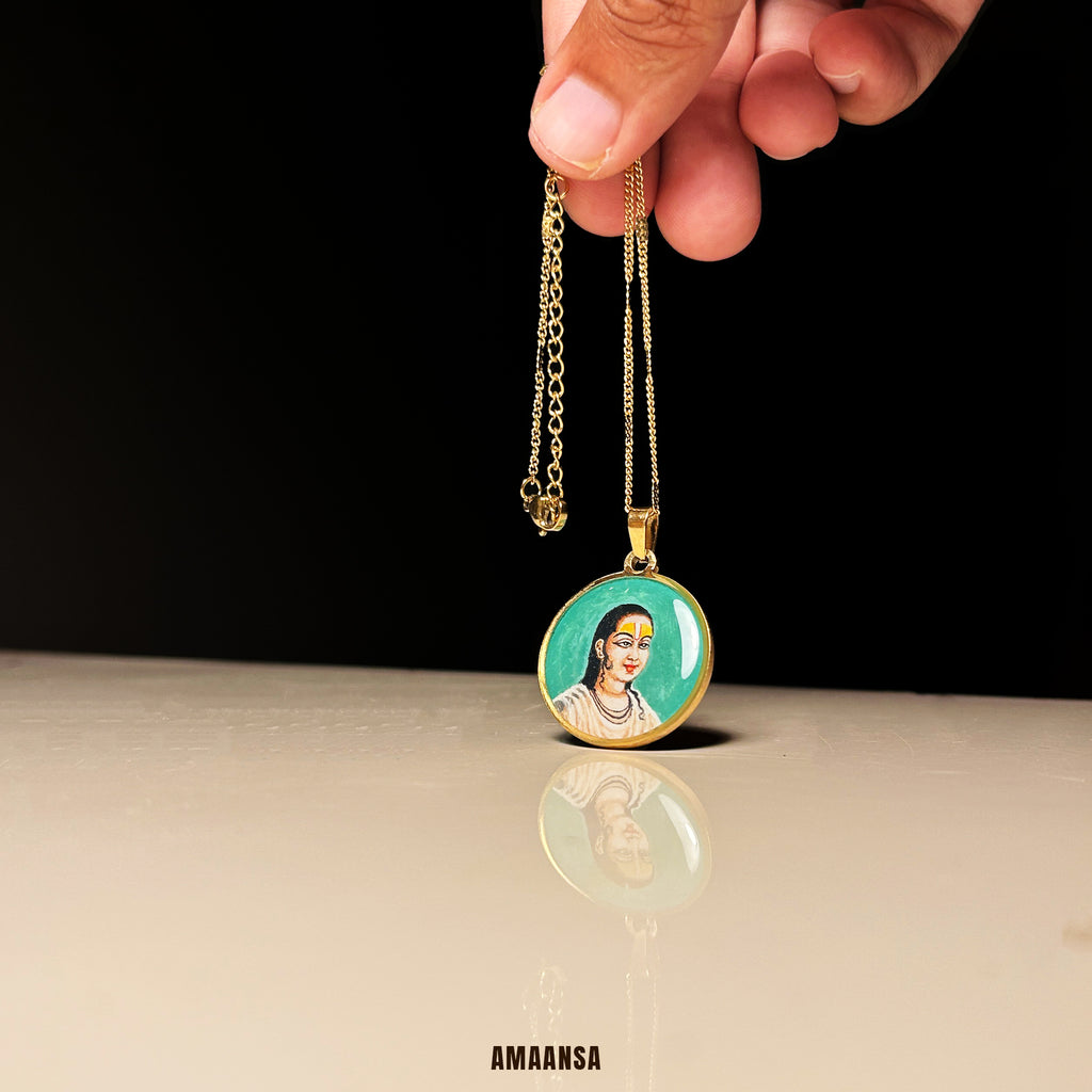 Swami Vallabhacharya Miniature Portrait Pendant- HandPainted , 18k Gold PVD , full coloured