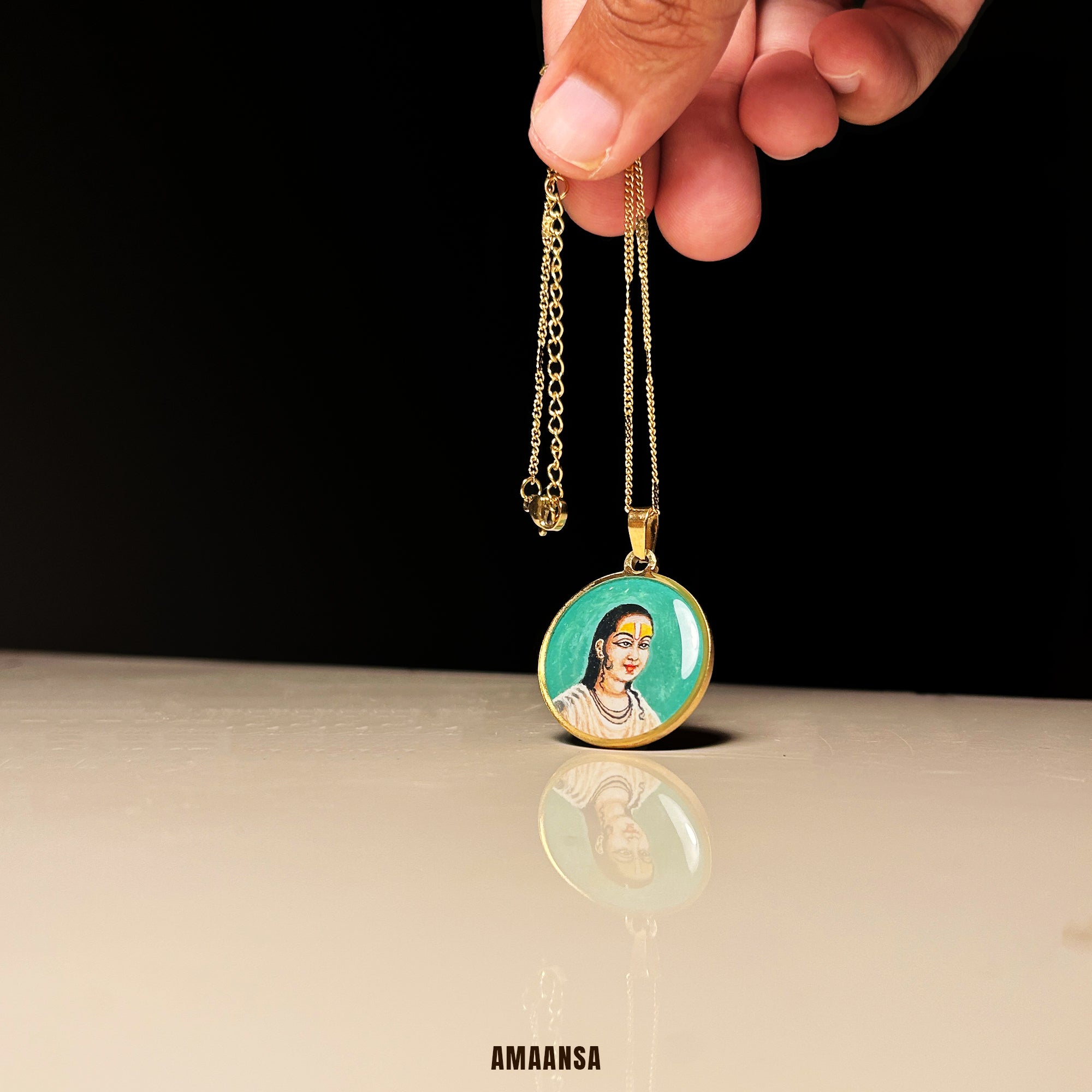 Swami Vallabhacharya Miniature Portrait Pendant- HandPainted , 18k Gold PVD , full coloured