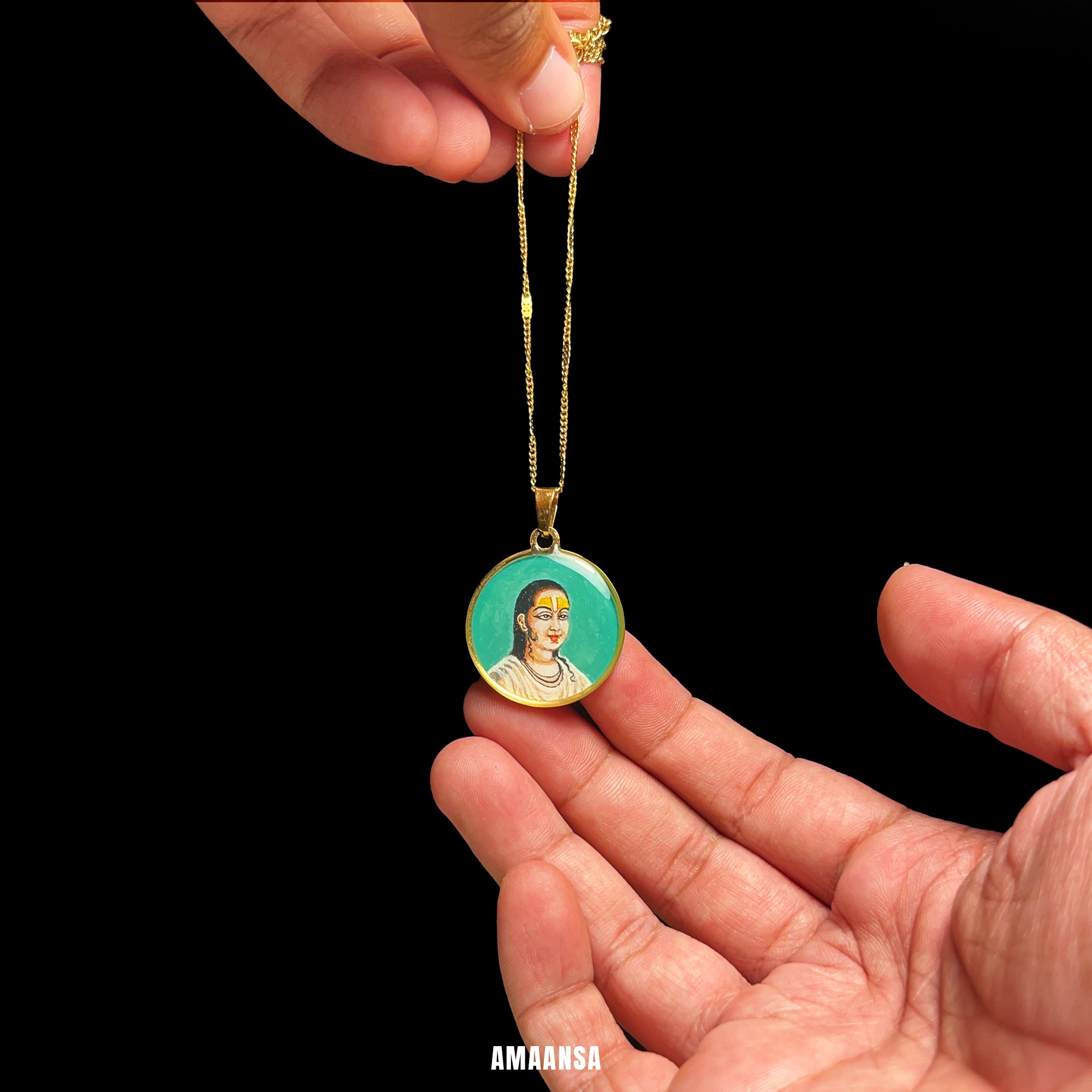 Swami Vallabhacharya Miniature Portrait Pendant- HandPainted , 18k Gold PVD , full coloured