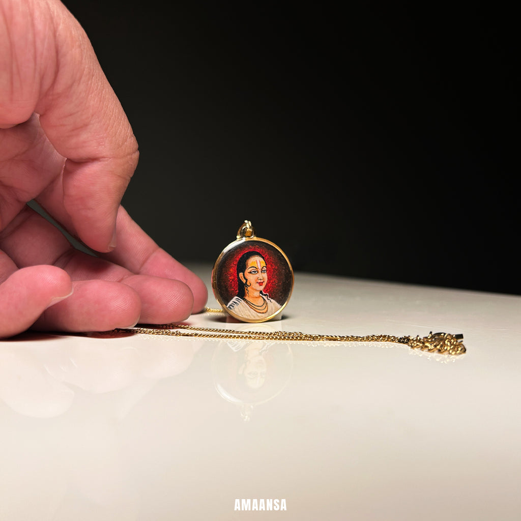 Swami Vallabhacharya Miniature Portrait Pendant- HandPainted , 18k Gold PVD , full coloured