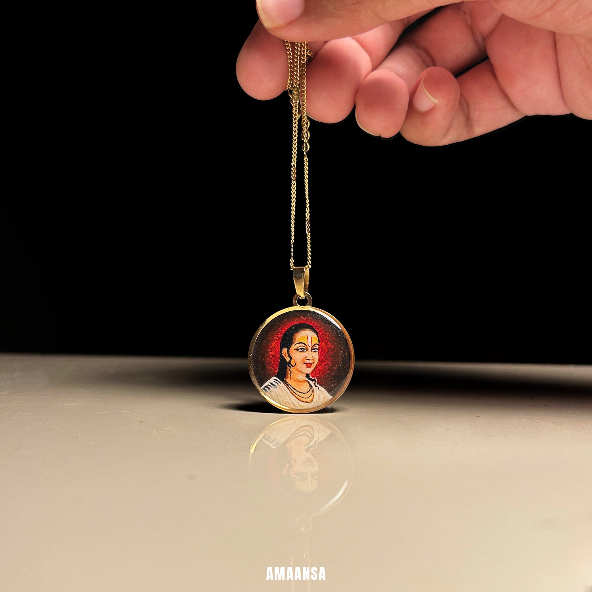 Swami Vallabhacharya Miniature Portrait Pendant- HandPainted , 18k Gold PVD , full coloured