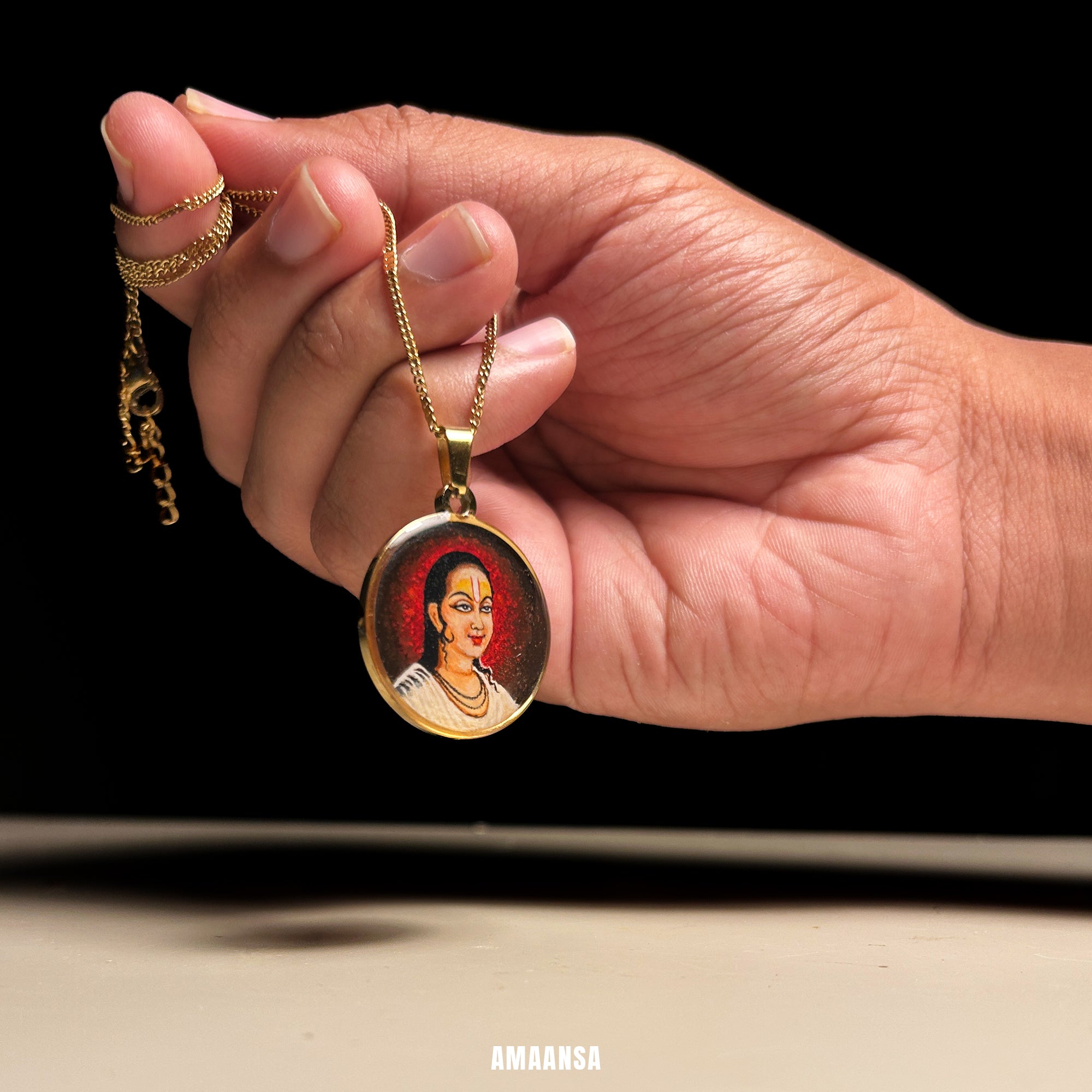 Swami Vallabhacharya Miniature Portrait Pendant- HandPainted , 18k Gold PVD , full coloured