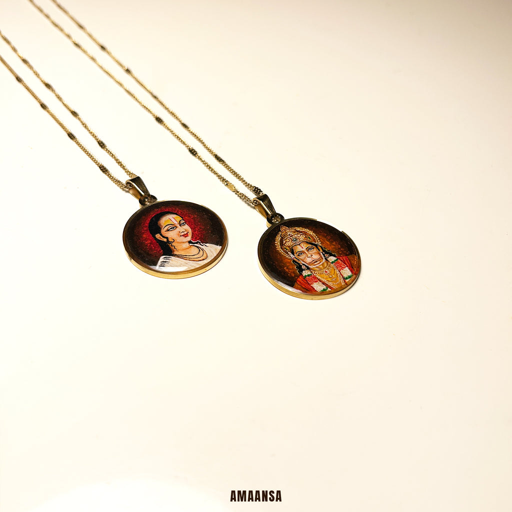 Swami Vallabhacharya Miniature Portrait Pendant- HandPainted , 18k Gold PVD , full coloured