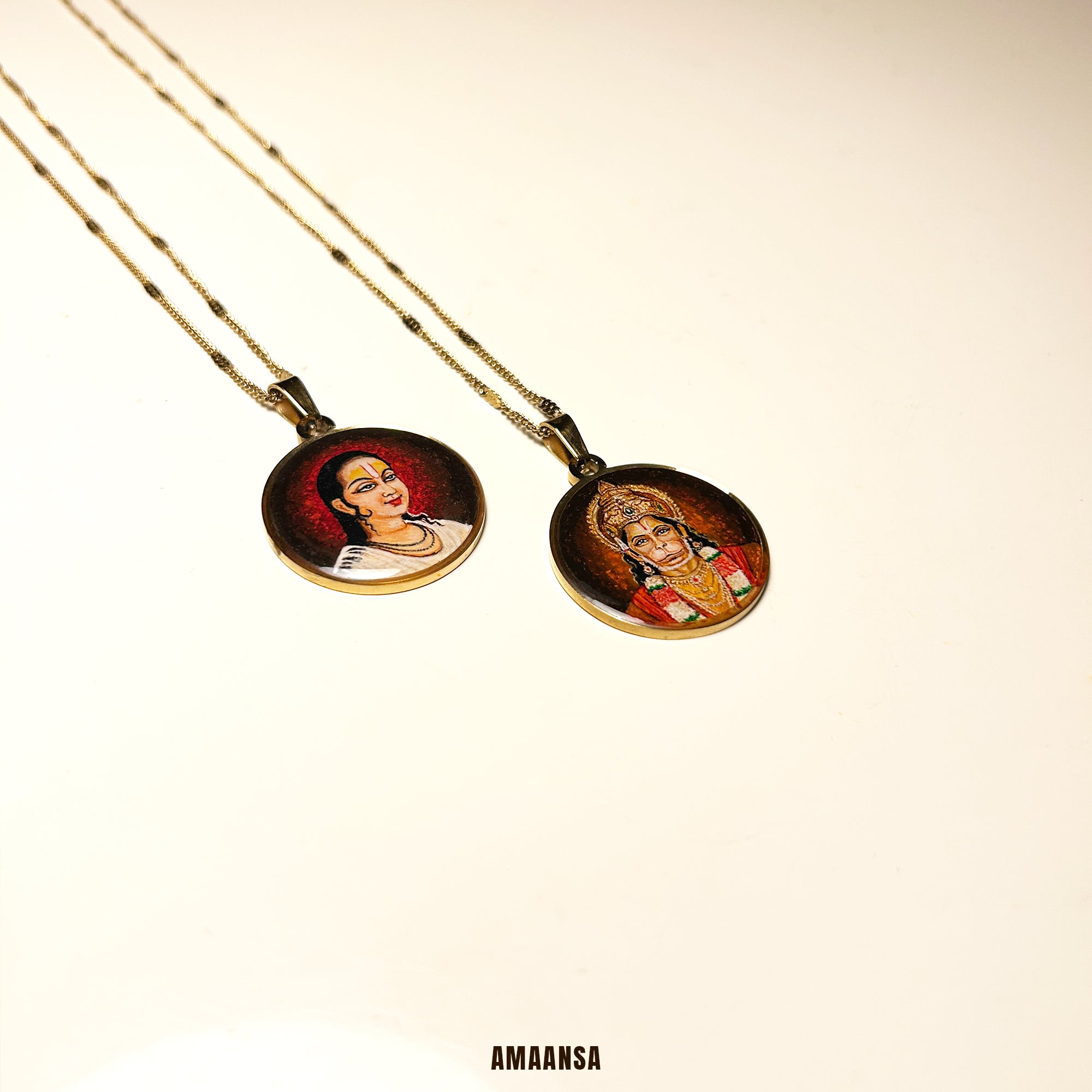 Hanumanji Miniature Portrait Pendant- HandPainted , 18k Gold PVD , full coloured