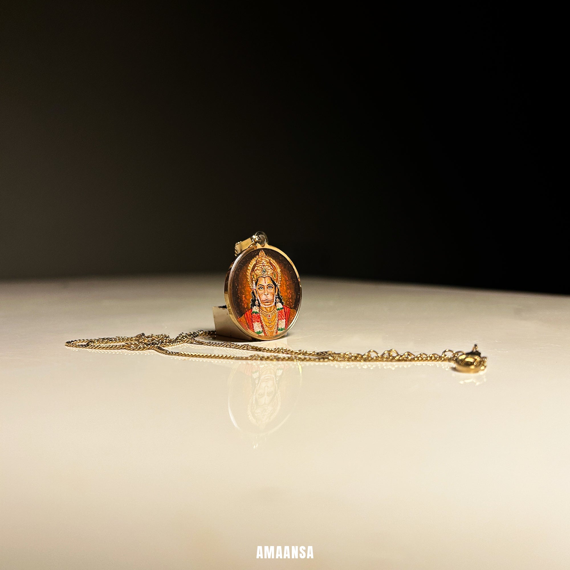 Hanumanji Miniature Portrait Pendant- HandPainted , 18k Gold PVD , full coloured