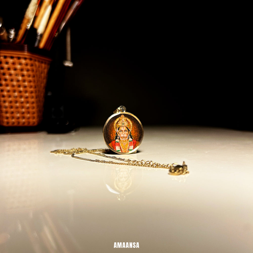 Hanumanji Miniature Portrait Pendant- HandPainted , 18k Gold PVD , full coloured