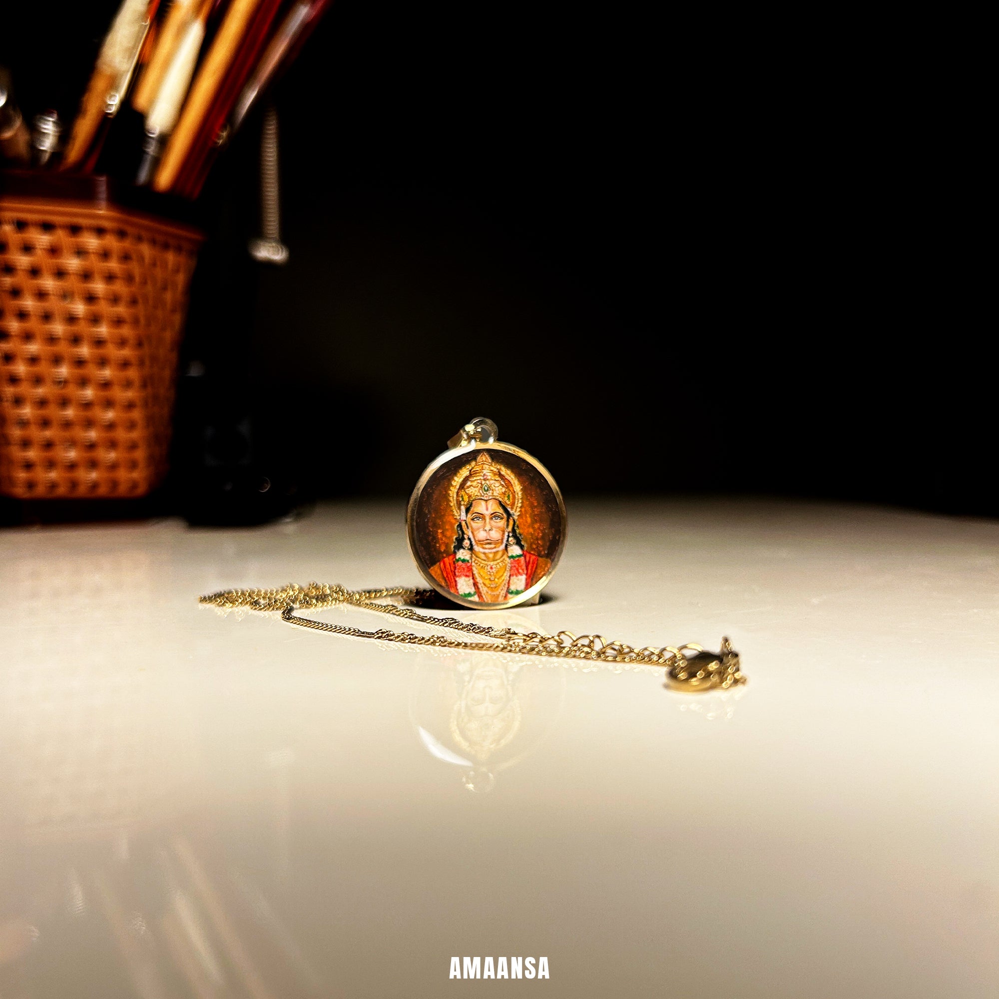 Hanumanji Miniature Portrait Pendant- HandPainted , 18k Gold PVD , full coloured