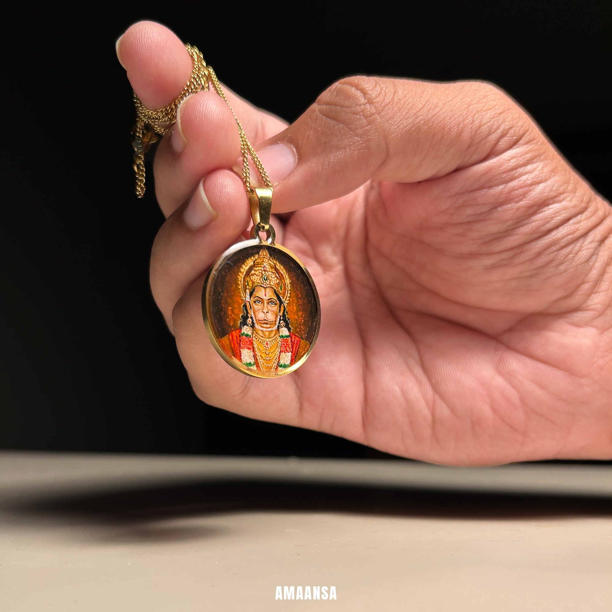 Hanumanji Miniature Portrait Pendant- HandPainted , 18k Gold PVD , full coloured
