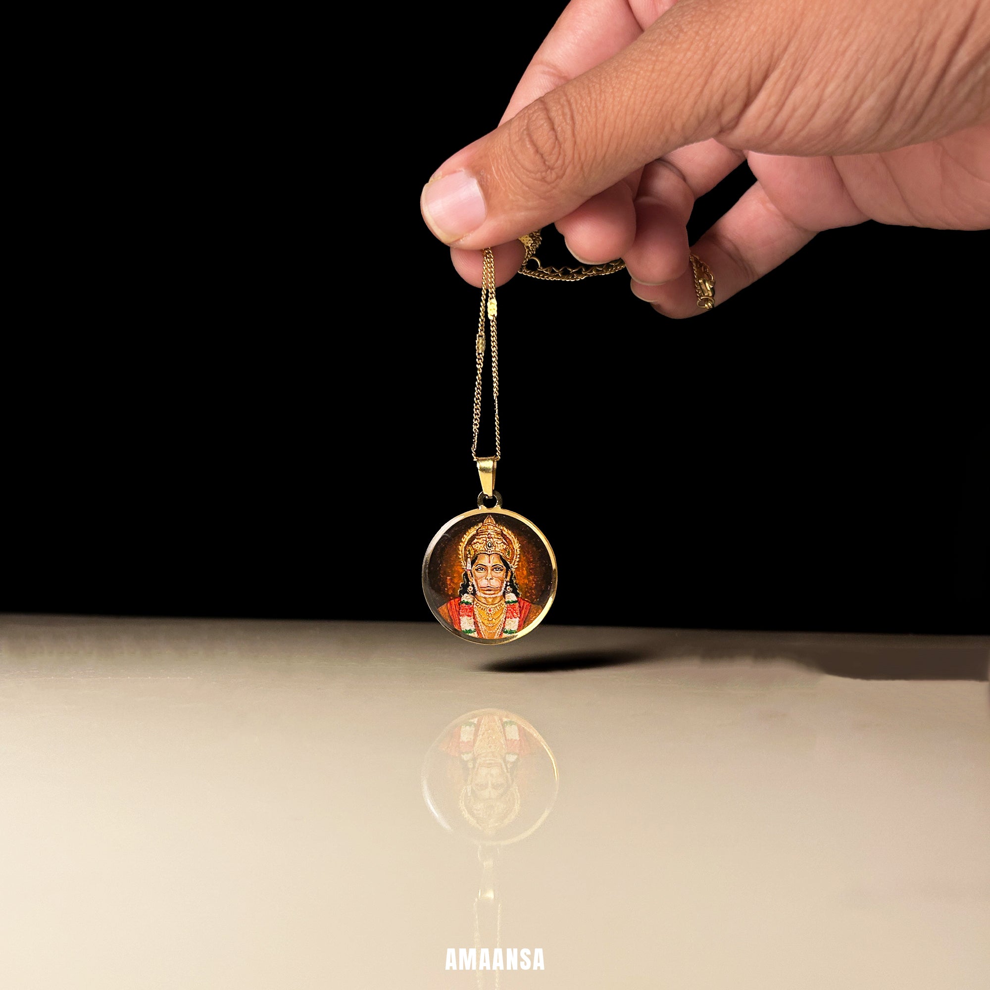 Hanumanji Miniature Portrait Pendant- HandPainted , 18k Gold PVD , full coloured