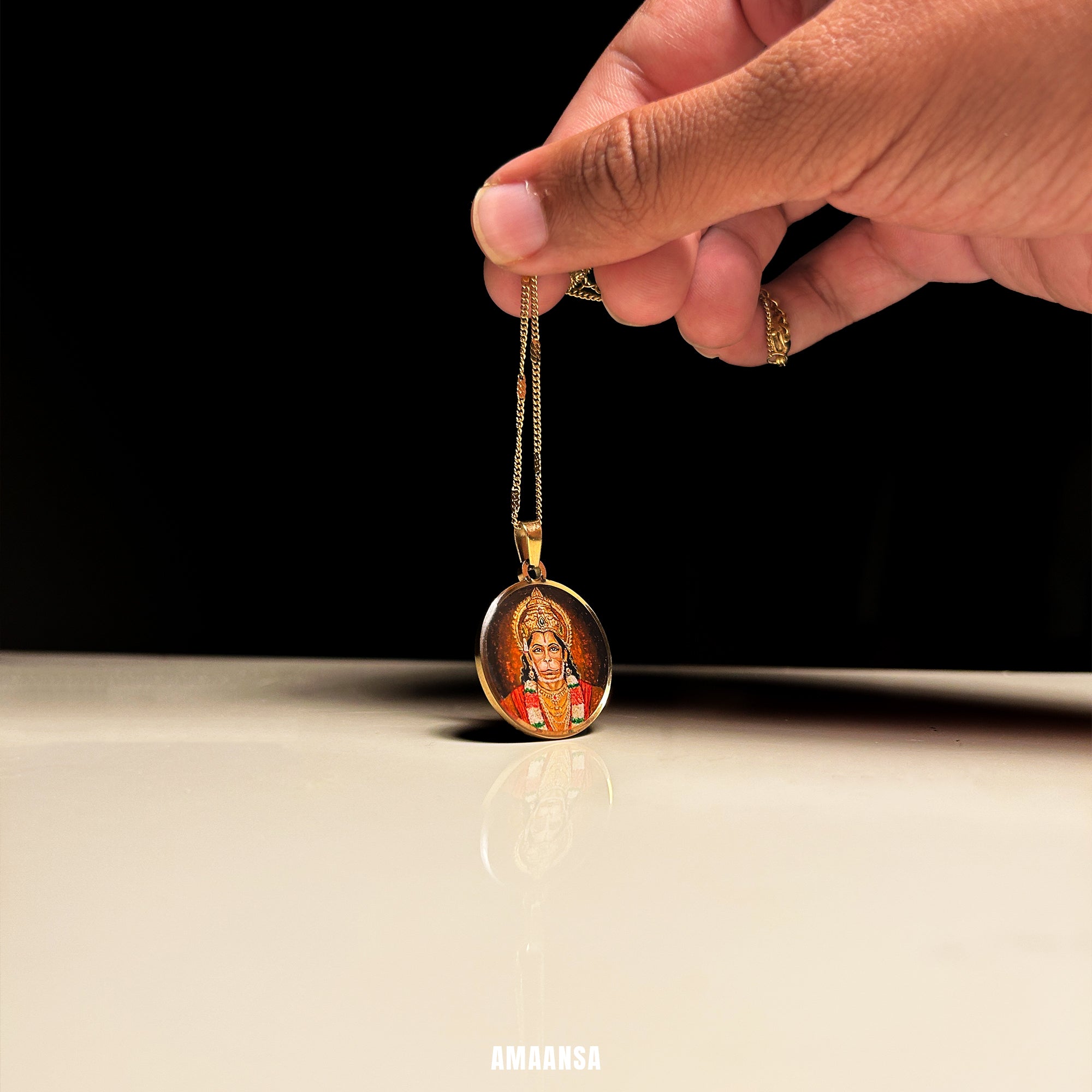 Hanumanji Miniature Portrait Pendant- HandPainted , 18k Gold PVD , full coloured