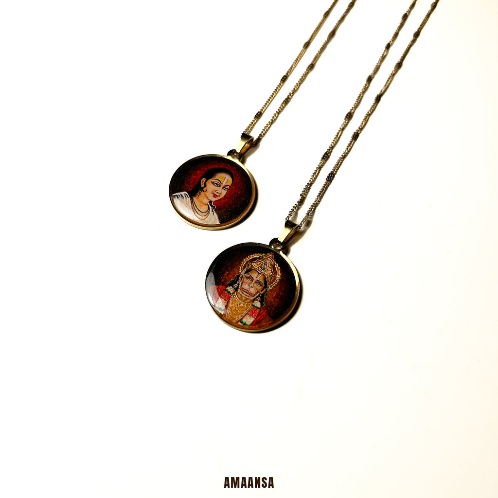 Hanumanji Miniature Portrait Pendant- HandPainted , 18k Gold PVD , full coloured