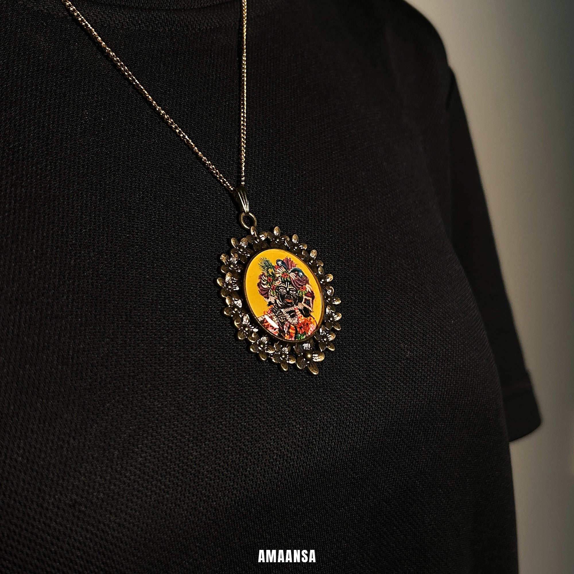 Vintage-style locket handpainted Lord Krishna Banke Bihari semicolor miniature art custom deity coin spiritual jewelry devotional keepsake antique patina chain Vrindavan Krishna floral garland vintage yellow background

