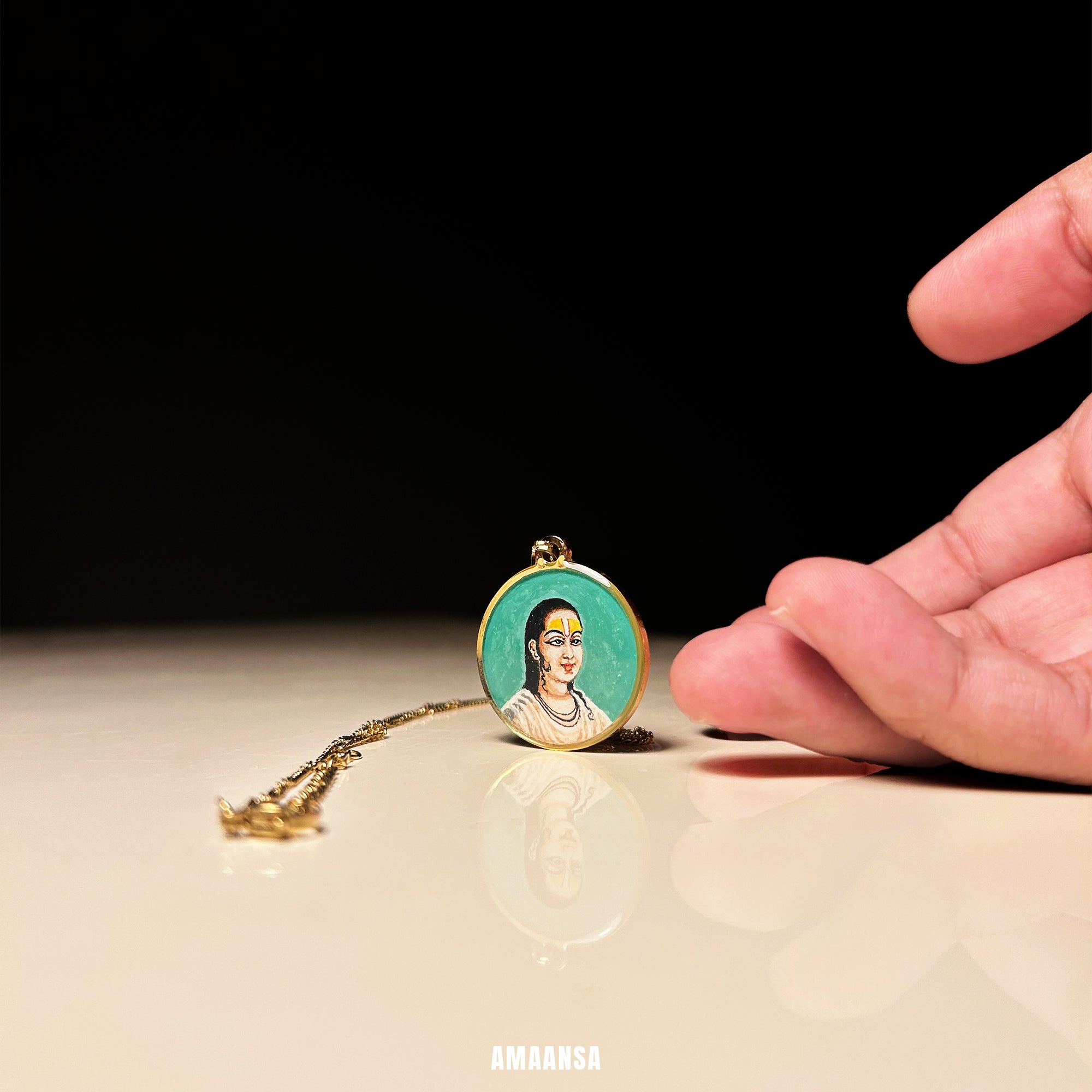 Swami Vallabhacharya Miniature Portrait Pendant- HandPainted , 18k Gold PVD , full coloured