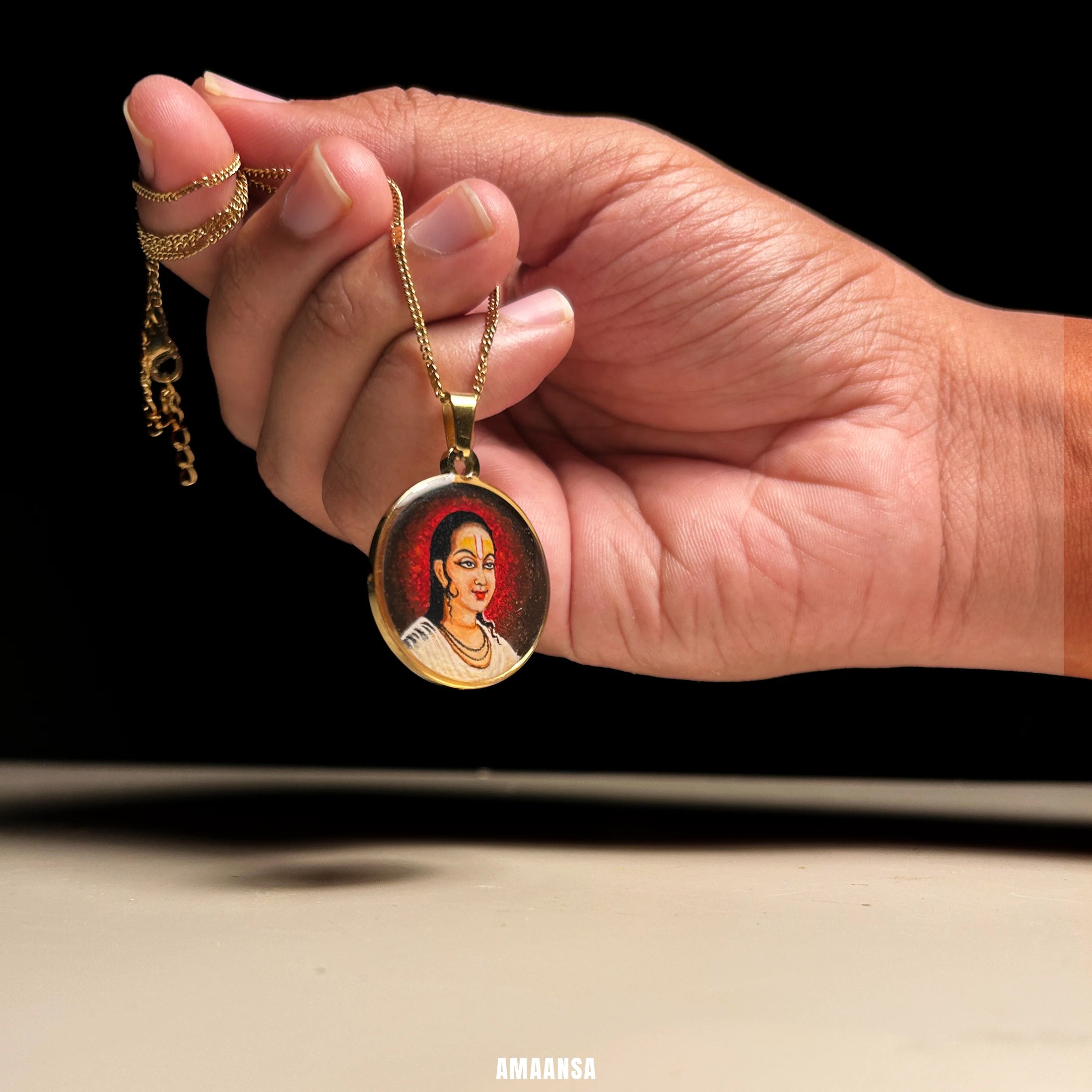 Swami Vallabhacharya Miniature Portrait Pendant- HandPainted , 18k Gold PVD , full coloured