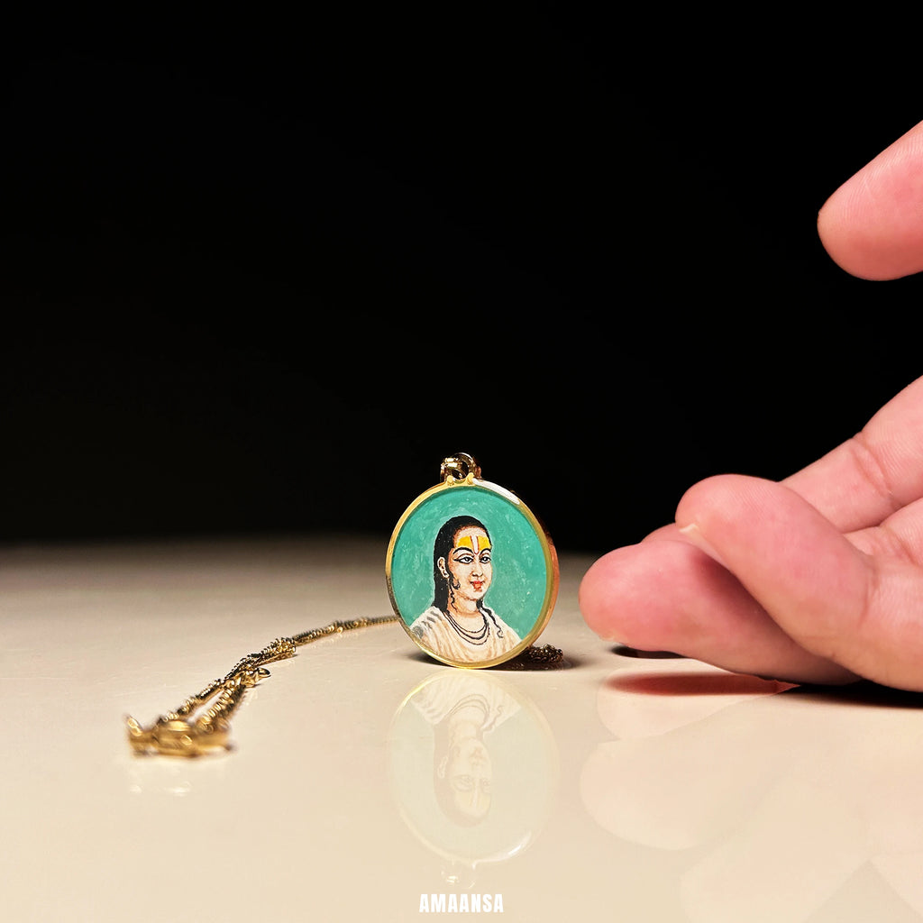 Swami Vallabhacharya Miniature Portrait Pendant- HandPainted , 18k Gold PVD , full coloured