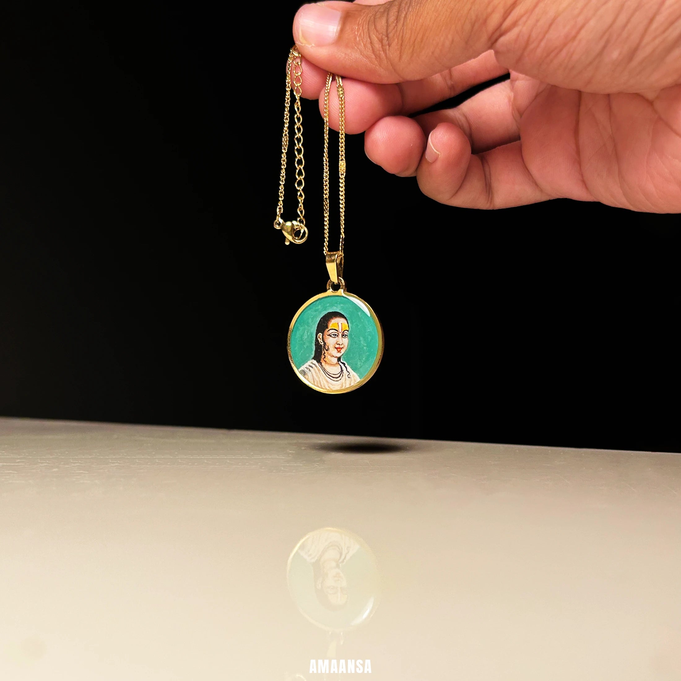 Swami Vallabhacharya Miniature Portrait Pendant- HandPainted , 18k Gold PVD , full coloured