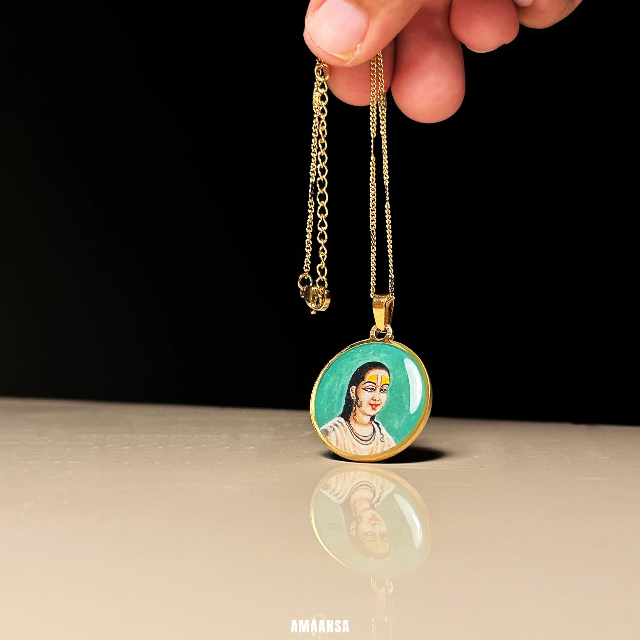 Swami Vallabhacharya Miniature Portrait Pendant- HandPainted , 18k Gold PVD , full coloured