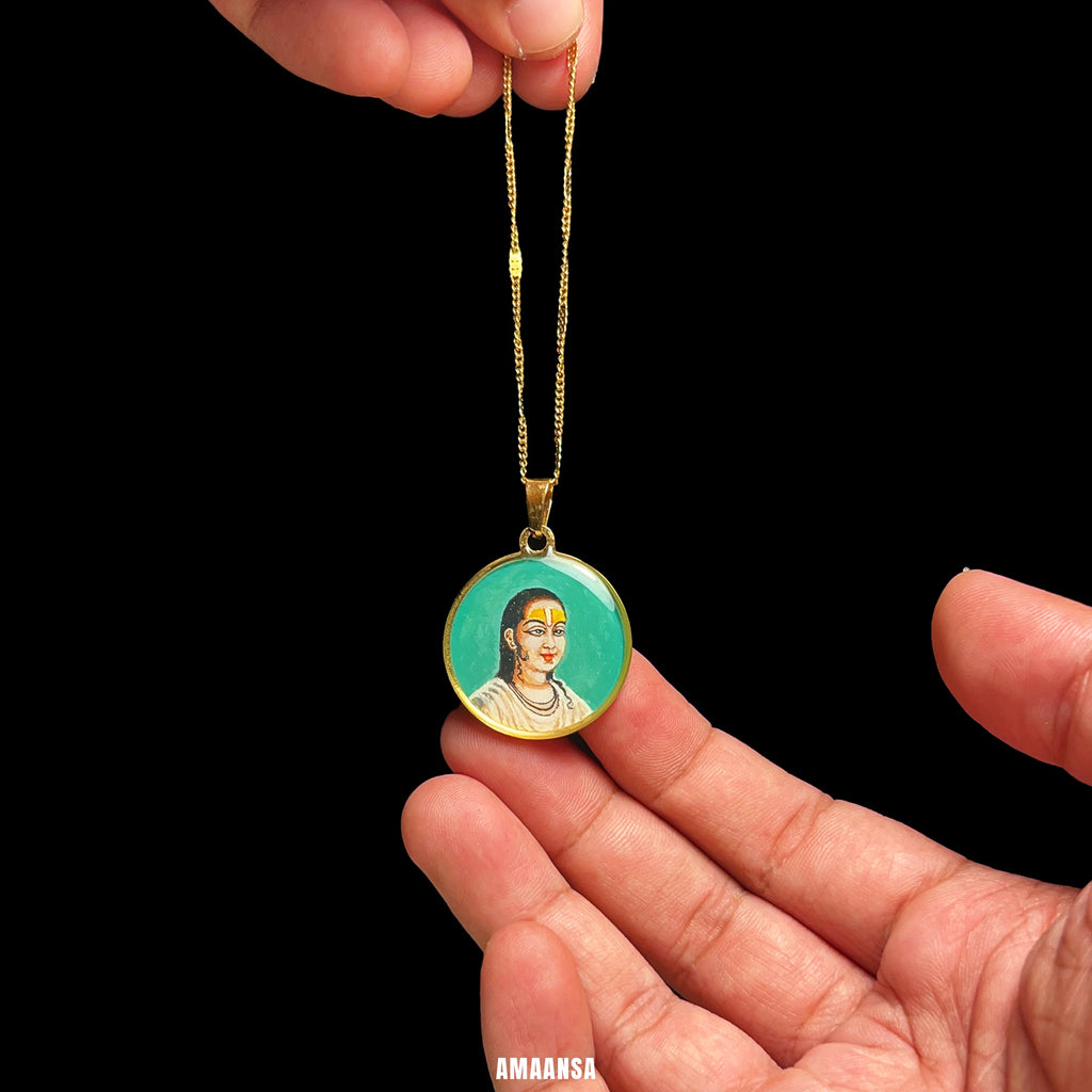 Swami Vallabhacharya Miniature Portrait Pendant- HandPainted , 18k Gold PVD , full coloured