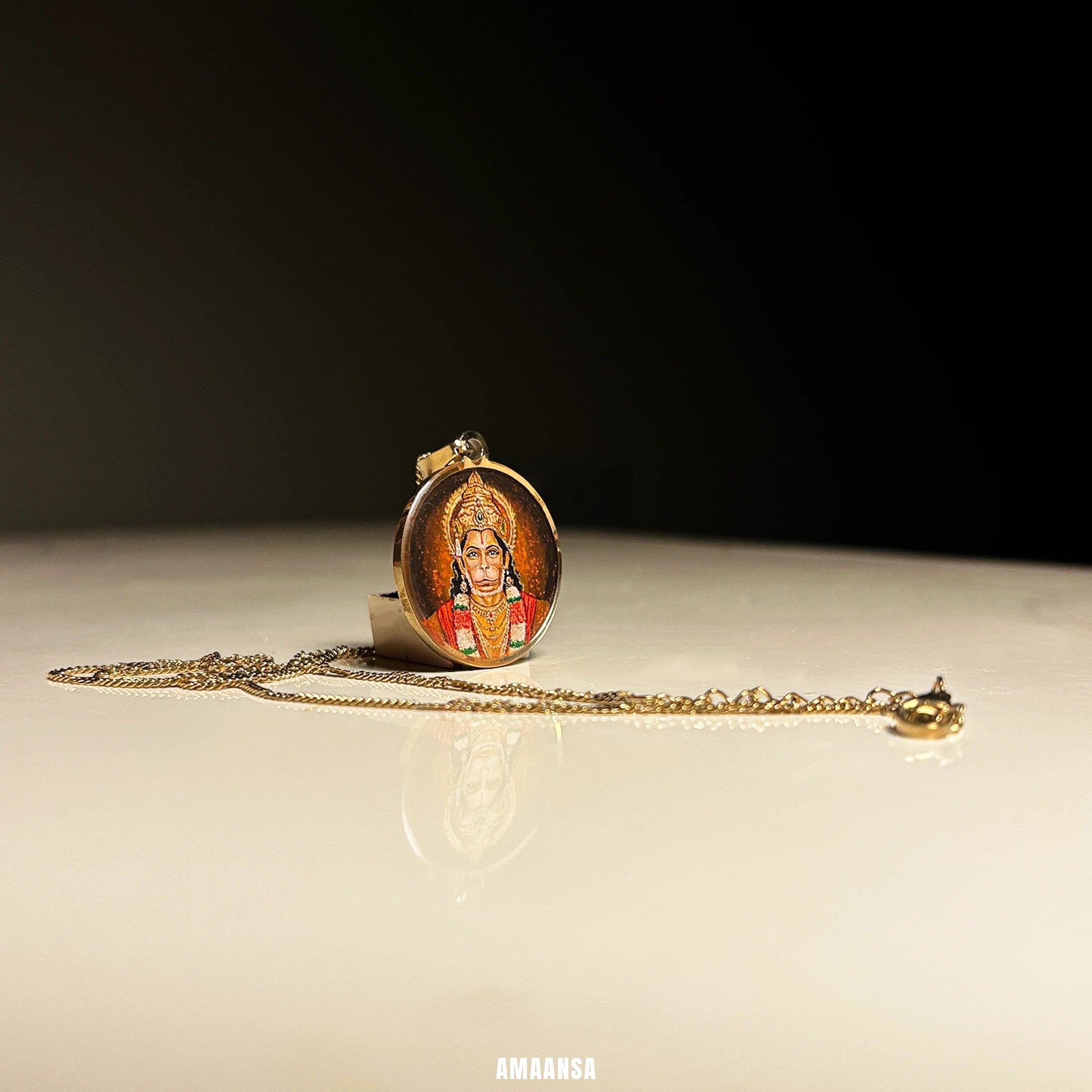 Hanumanji Miniature Portrait Pendant- HandPainted , 18k Gold PVD , full coloured