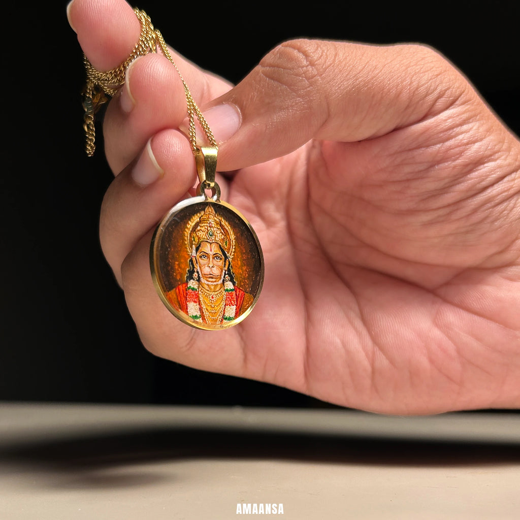 Hanumanji Miniature Portrait Pendant- HandPainted , 18k Gold PVD , full coloured
