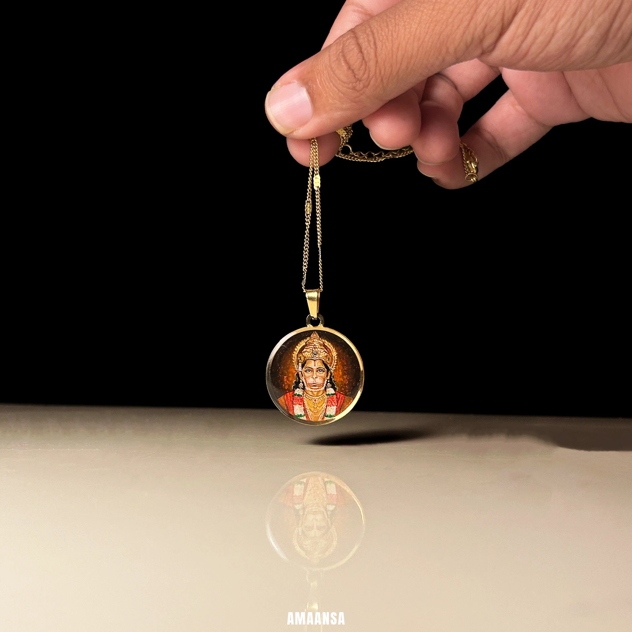 Hanumanji Miniature Portrait Pendant- HandPainted , 18k Gold PVD , full coloured