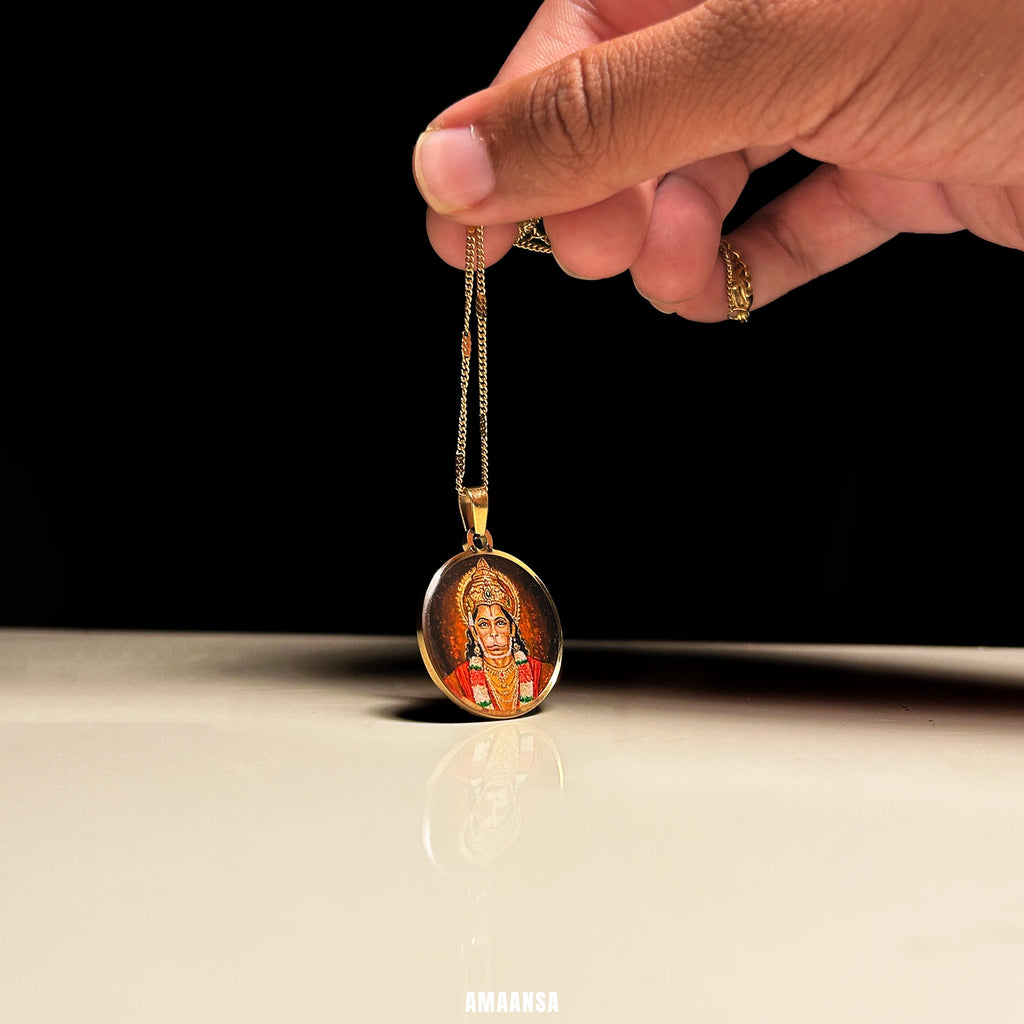 Hanumanji Miniature Portrait Pendant- HandPainted , 18k Gold PVD , full coloured