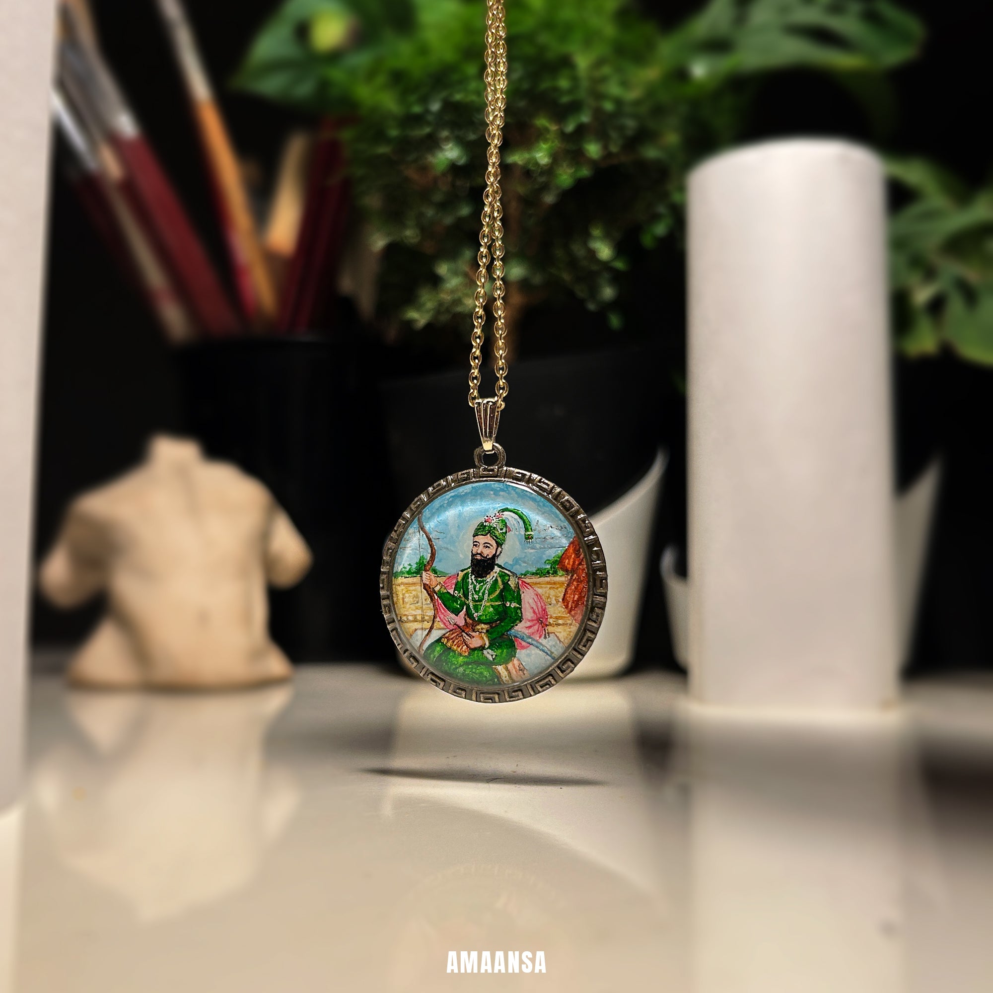Custom deity pendant handpainted Guru Gobind Singh full color locket spiritual jewelry Sikh warrior god coin religious necklace divine blessing any deity made to order Mughal art style devotional keepsake AMAANSA