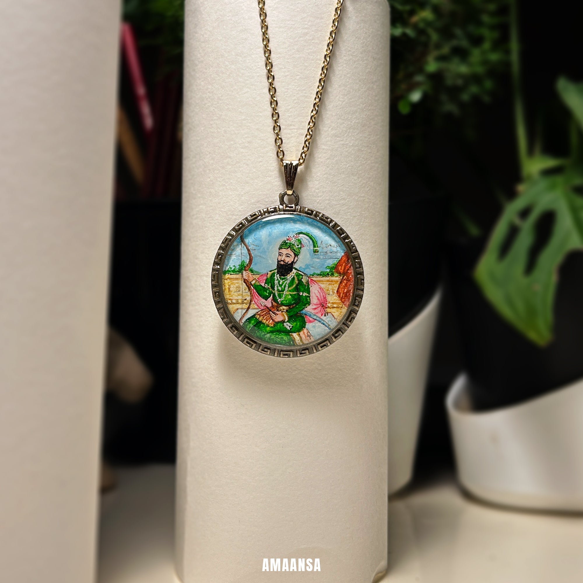 Handpainted spiritual locket Guru Gobind Singh warrior deity pendant full color vintage jewelry religious coin divine protection custom god pendant Rajasthani miniature art devotional necklace AMAANSA spiritual artistry